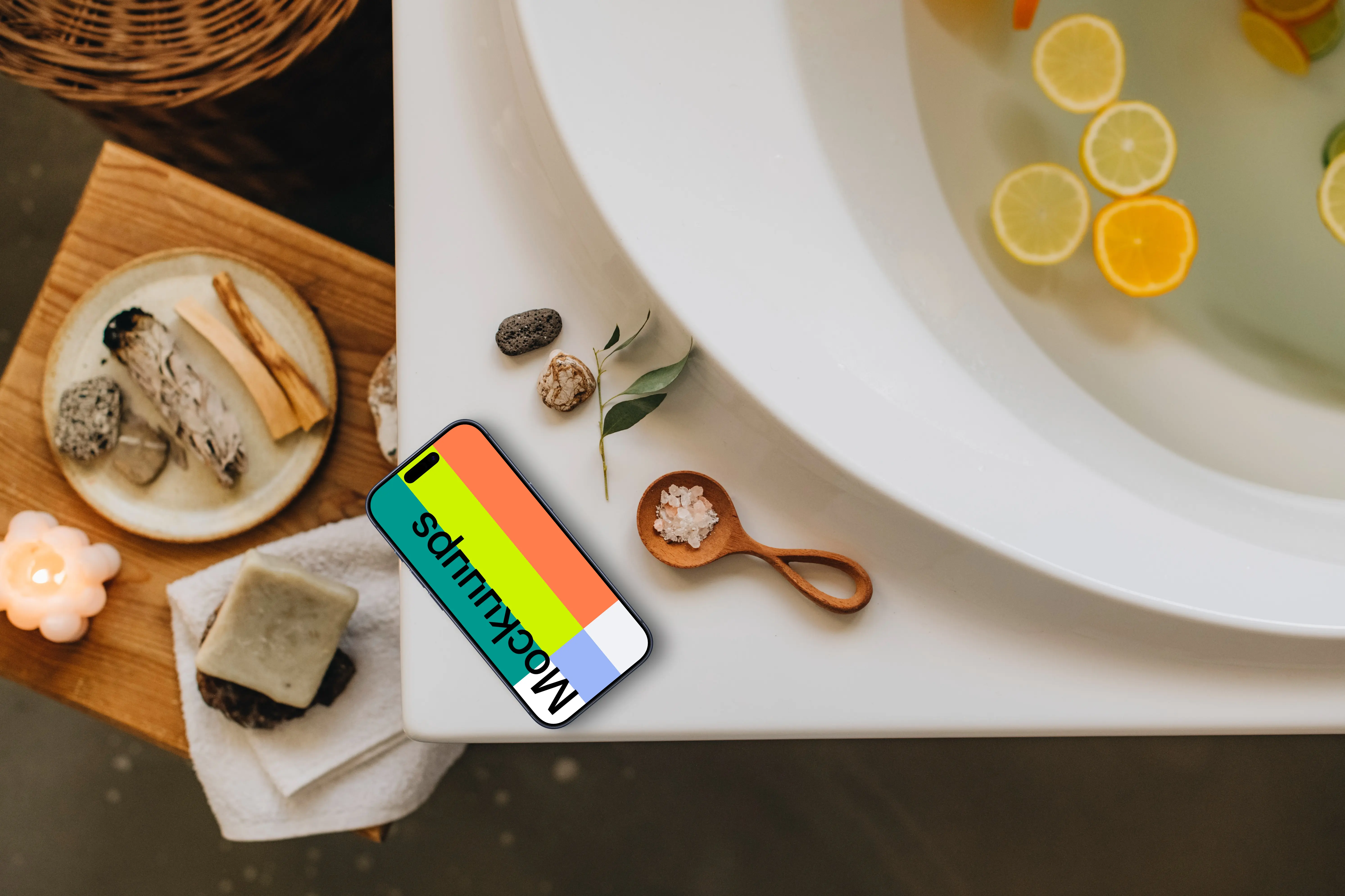 iPhone mockup and zen bath relaxation