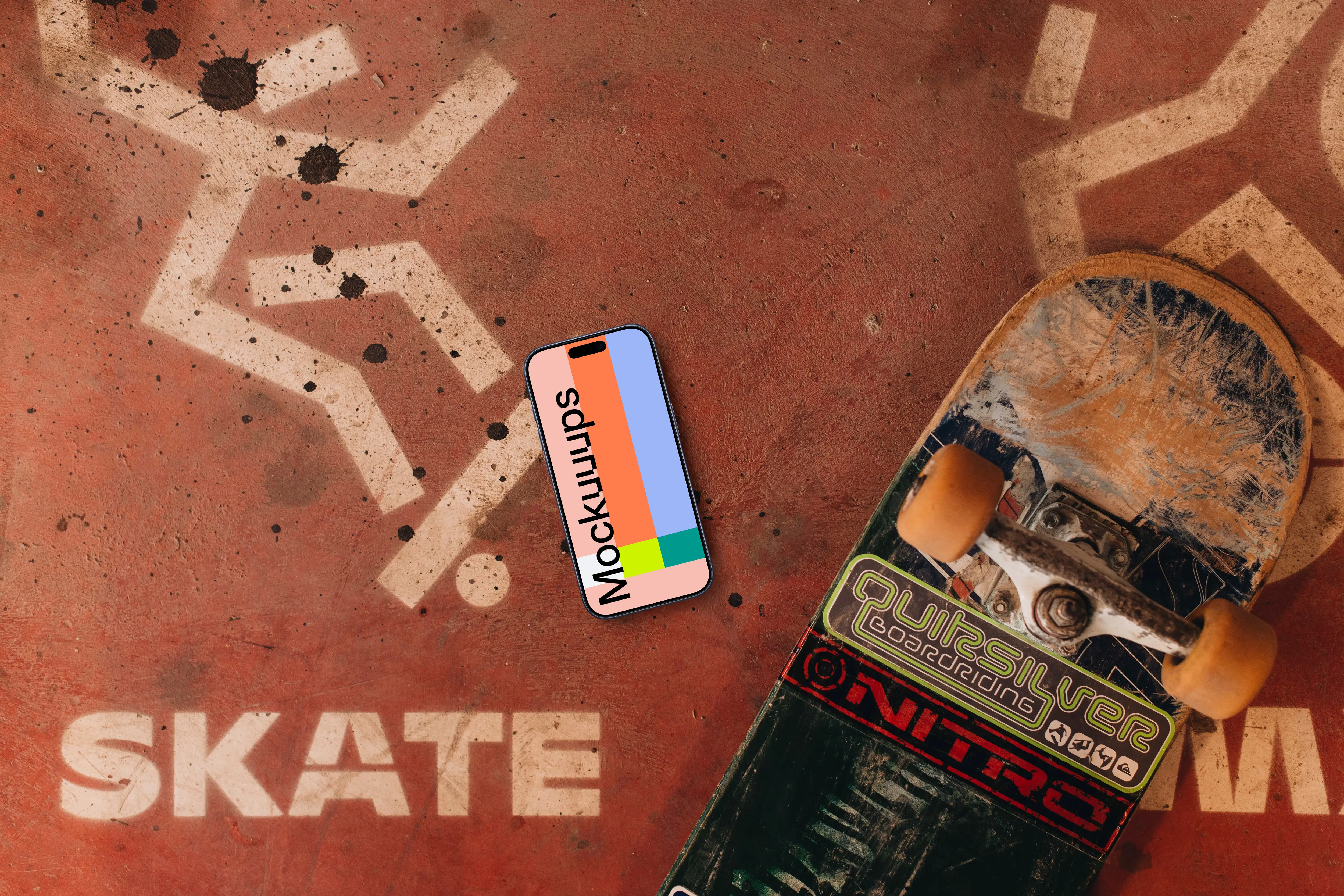 iPhone mockup in the urban backdrop skatepark