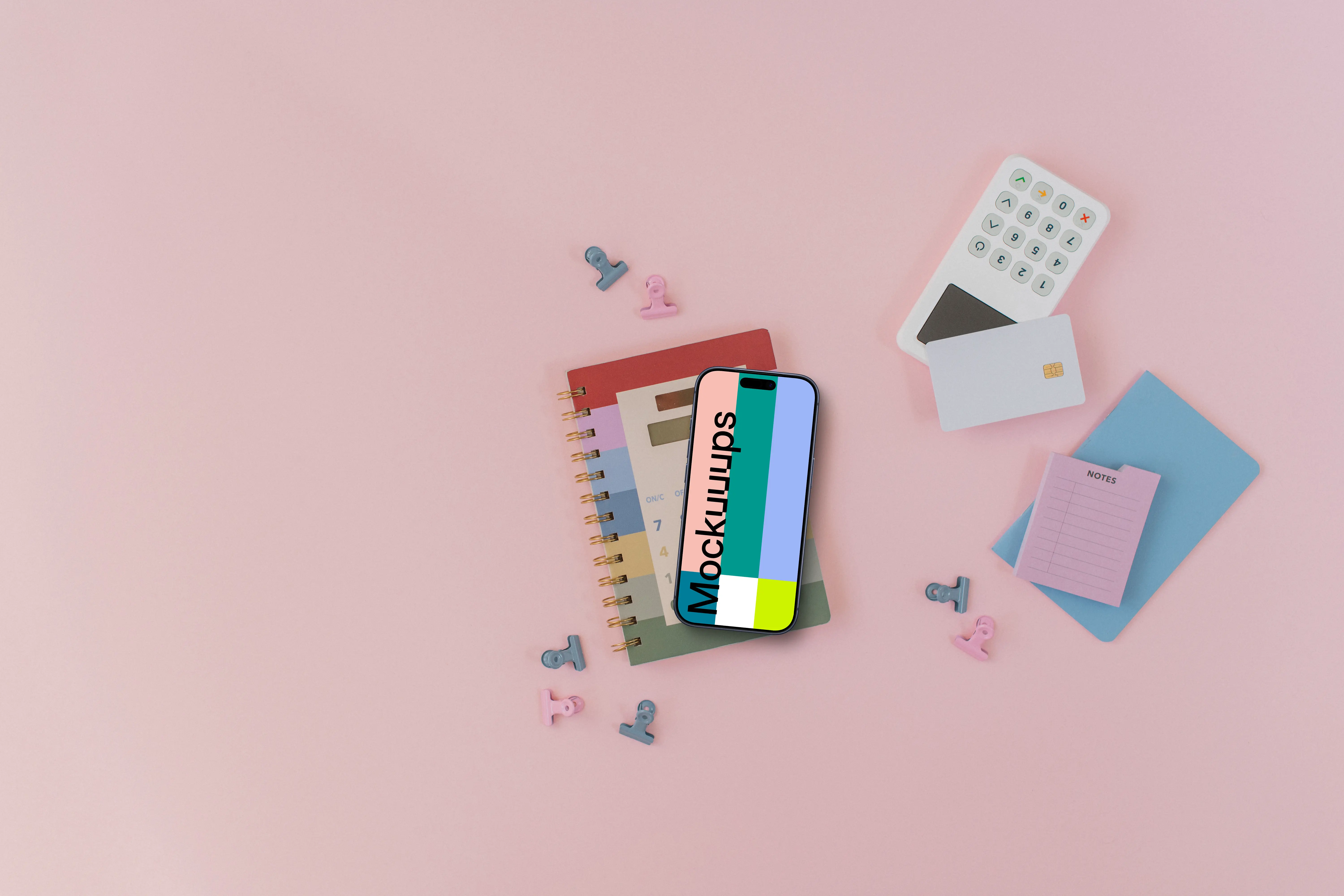 iPhone mockup next to the payment terminal with credit card