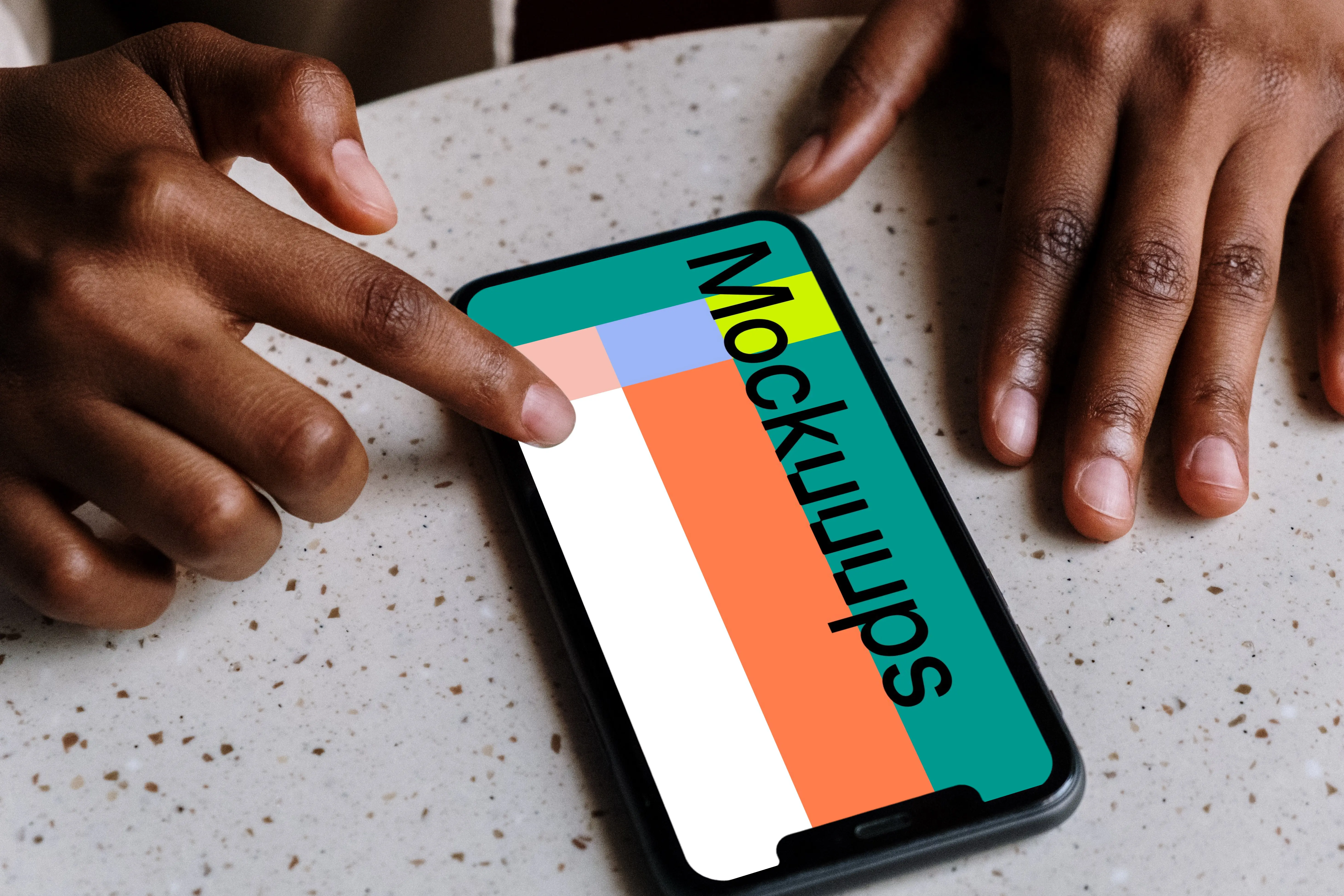 iPhone mockup on a white slab