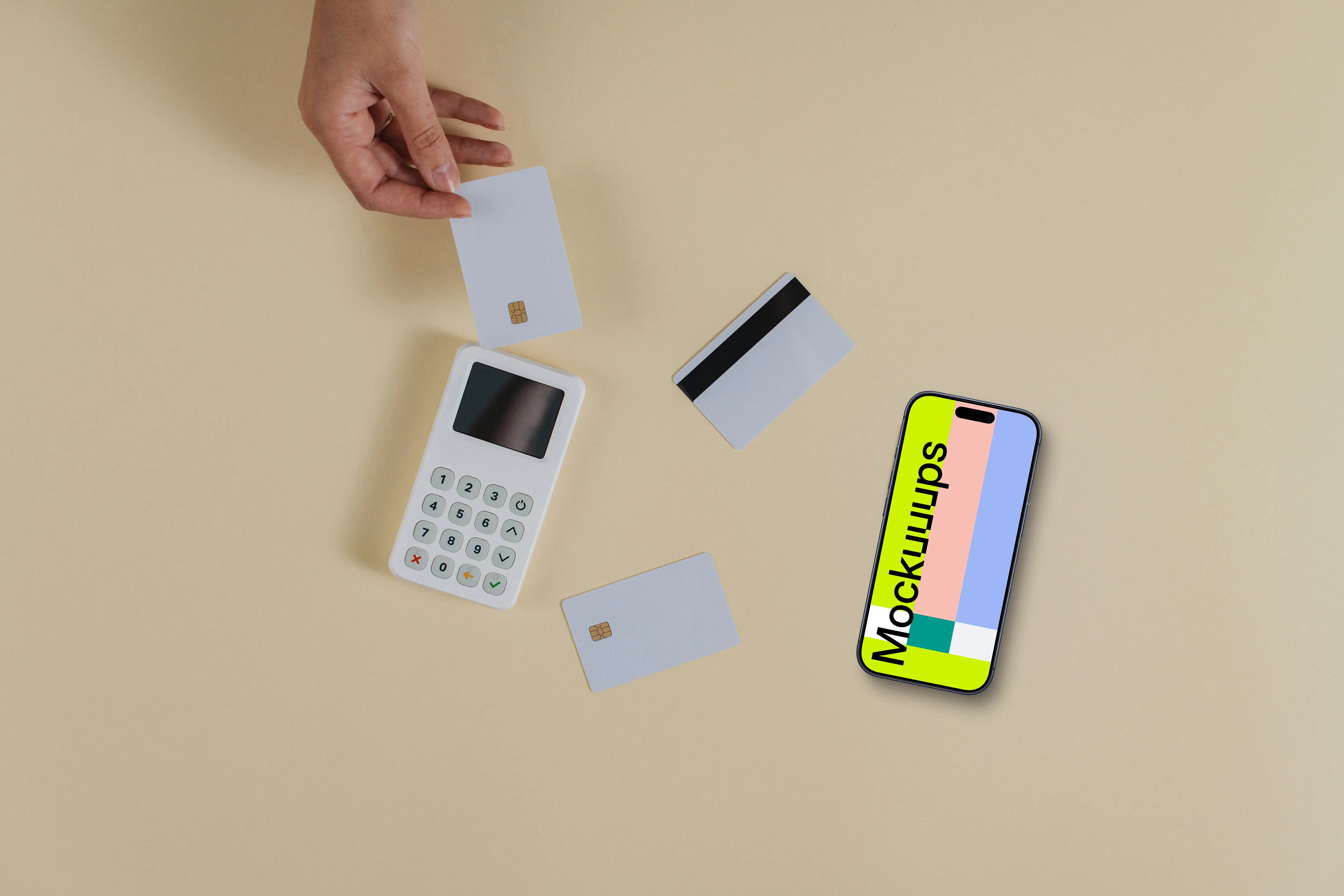 iPhone mockup on beige solid background next to the payment terminal