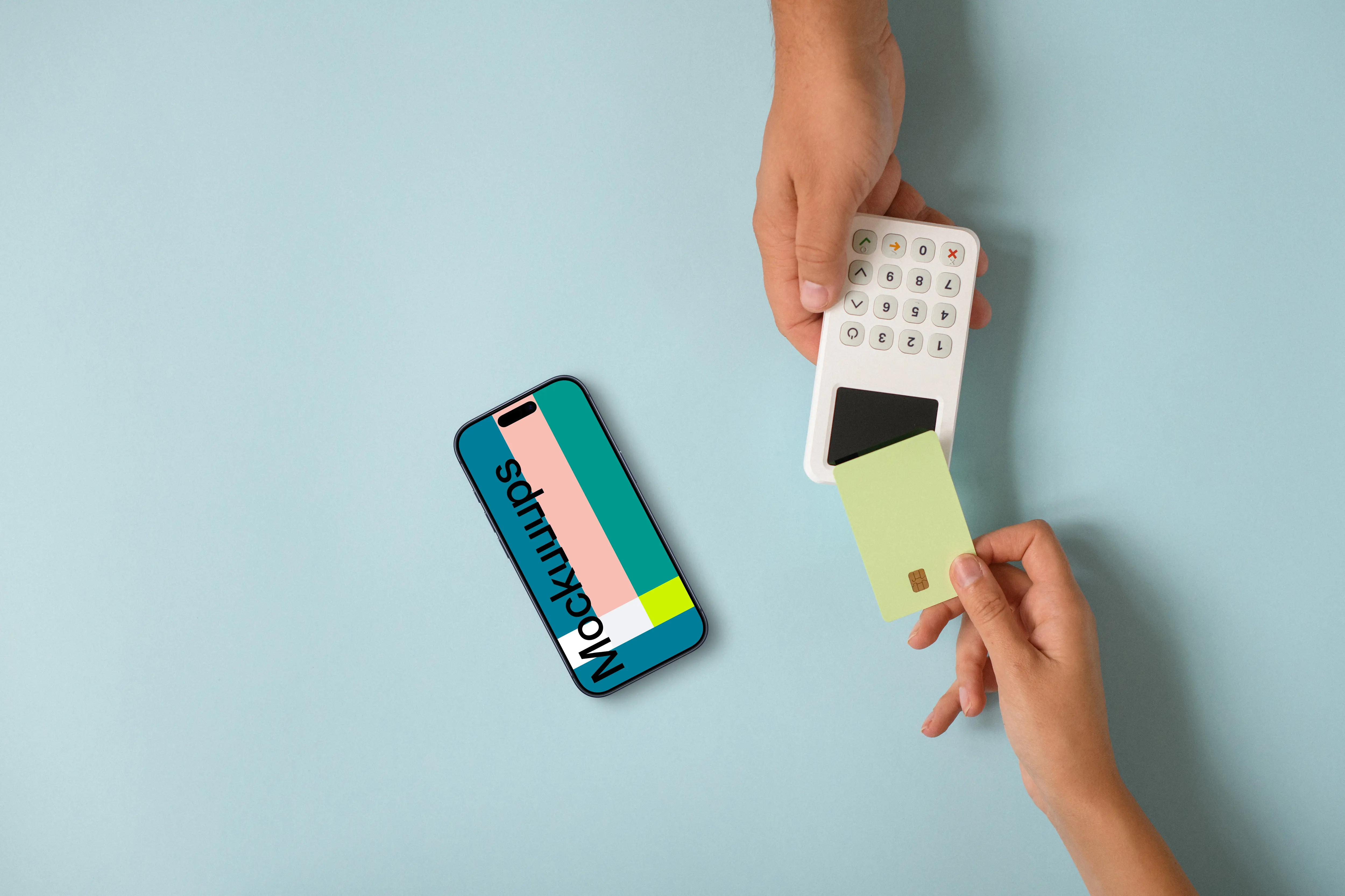 iPhone mockup on blue background including contactless payment