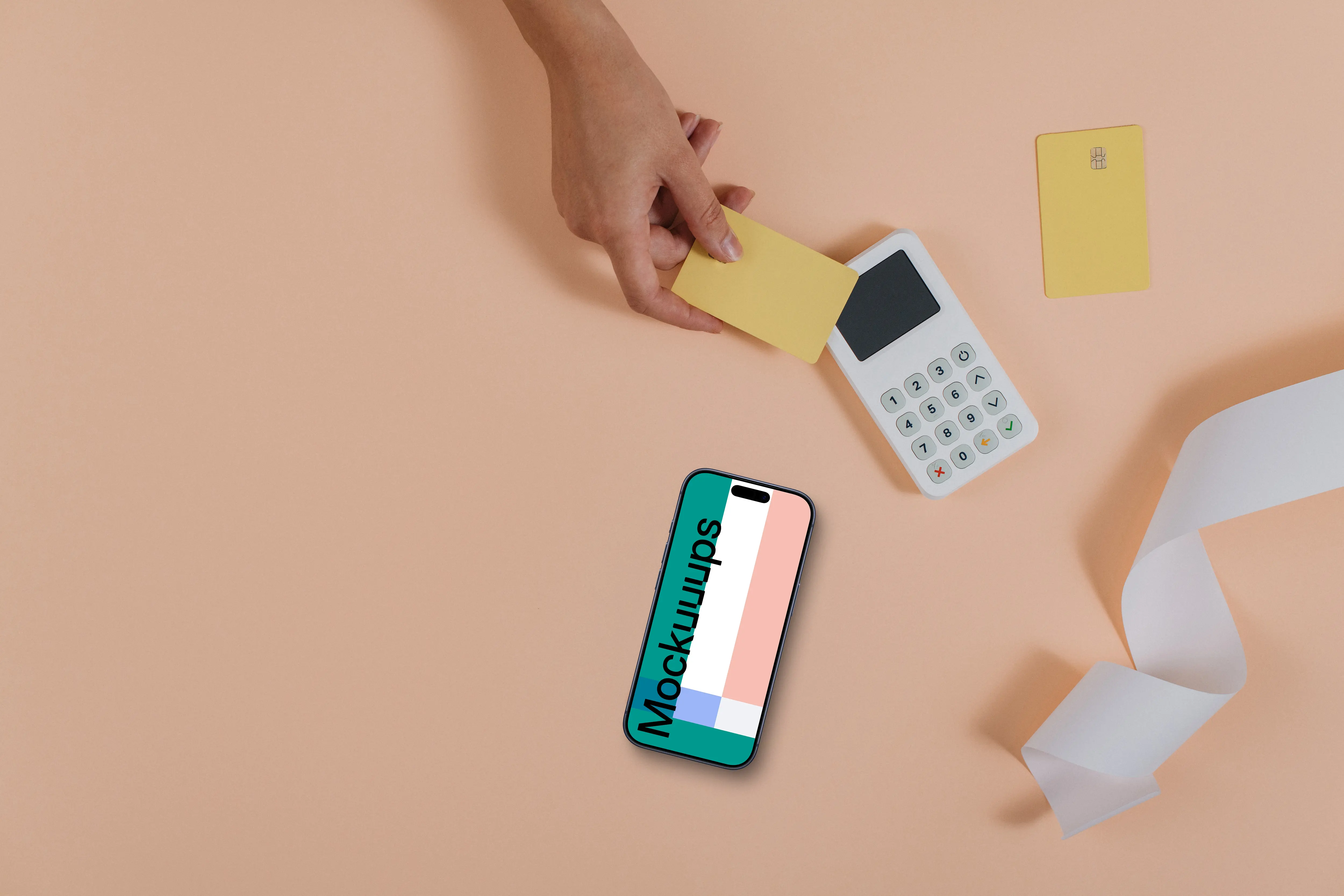 iPhone mockup on orange background with payment terminal