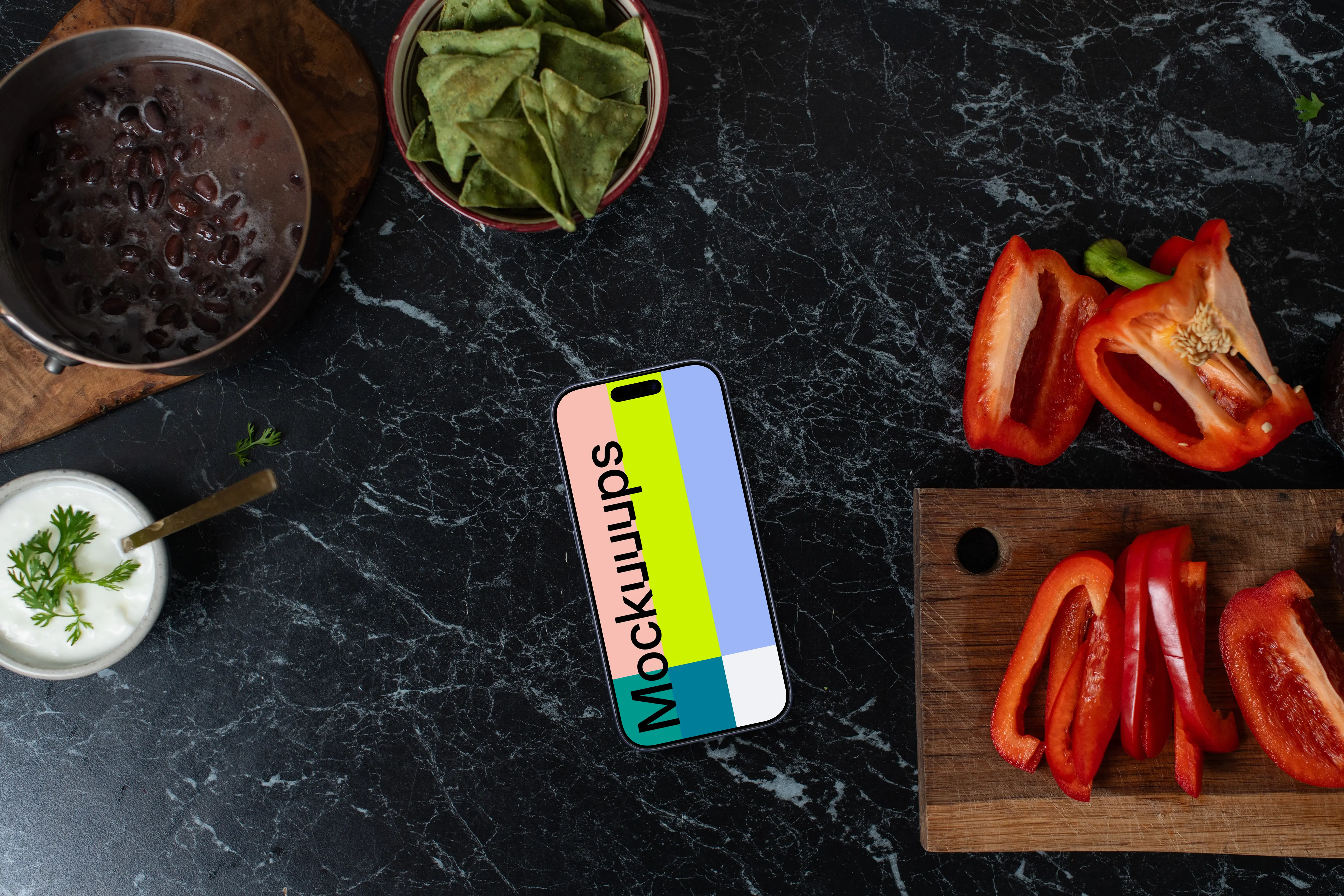 iPhone mockup on the marble kitchen unit