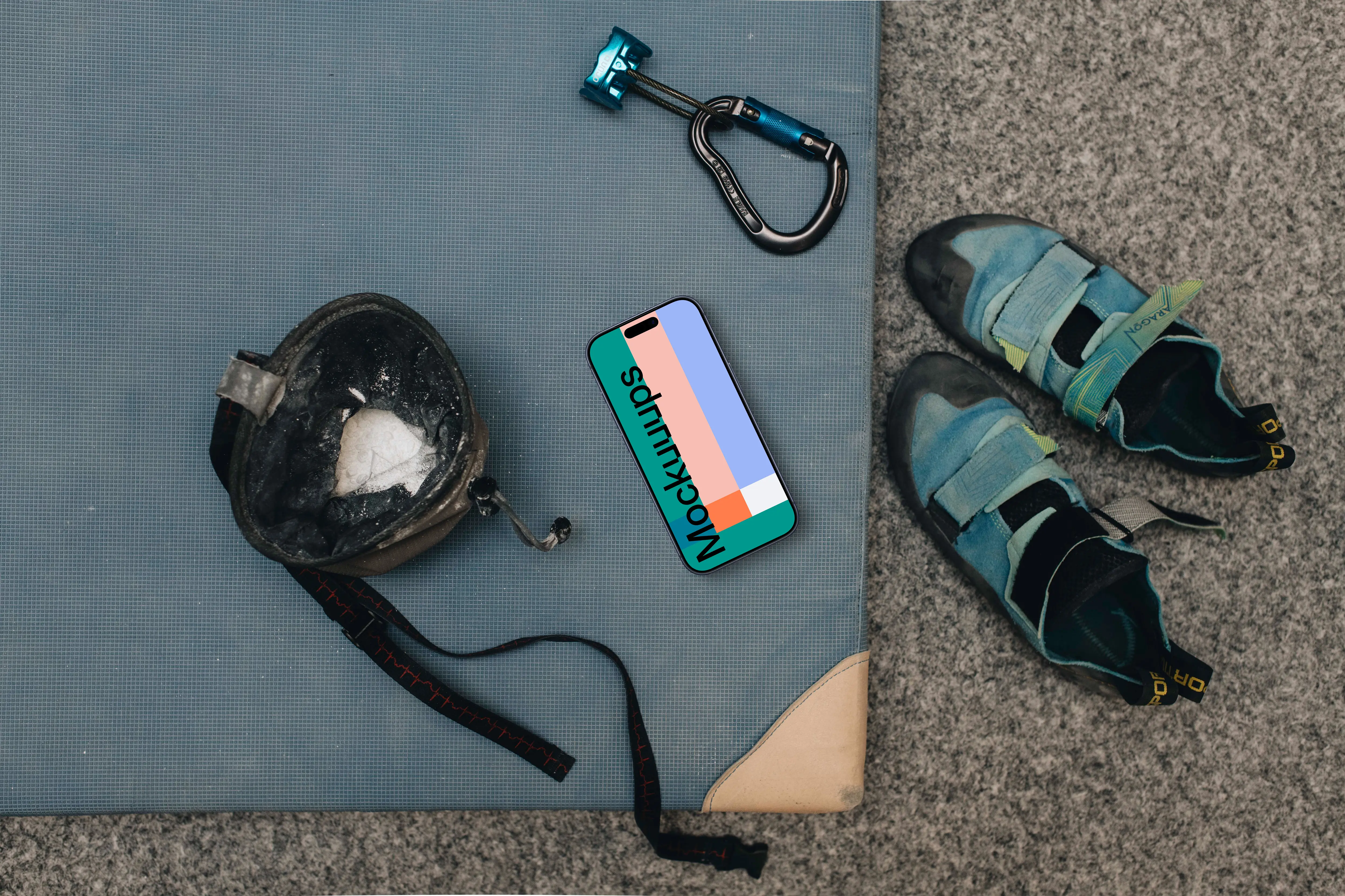 iPhone mockup with climbing equipment