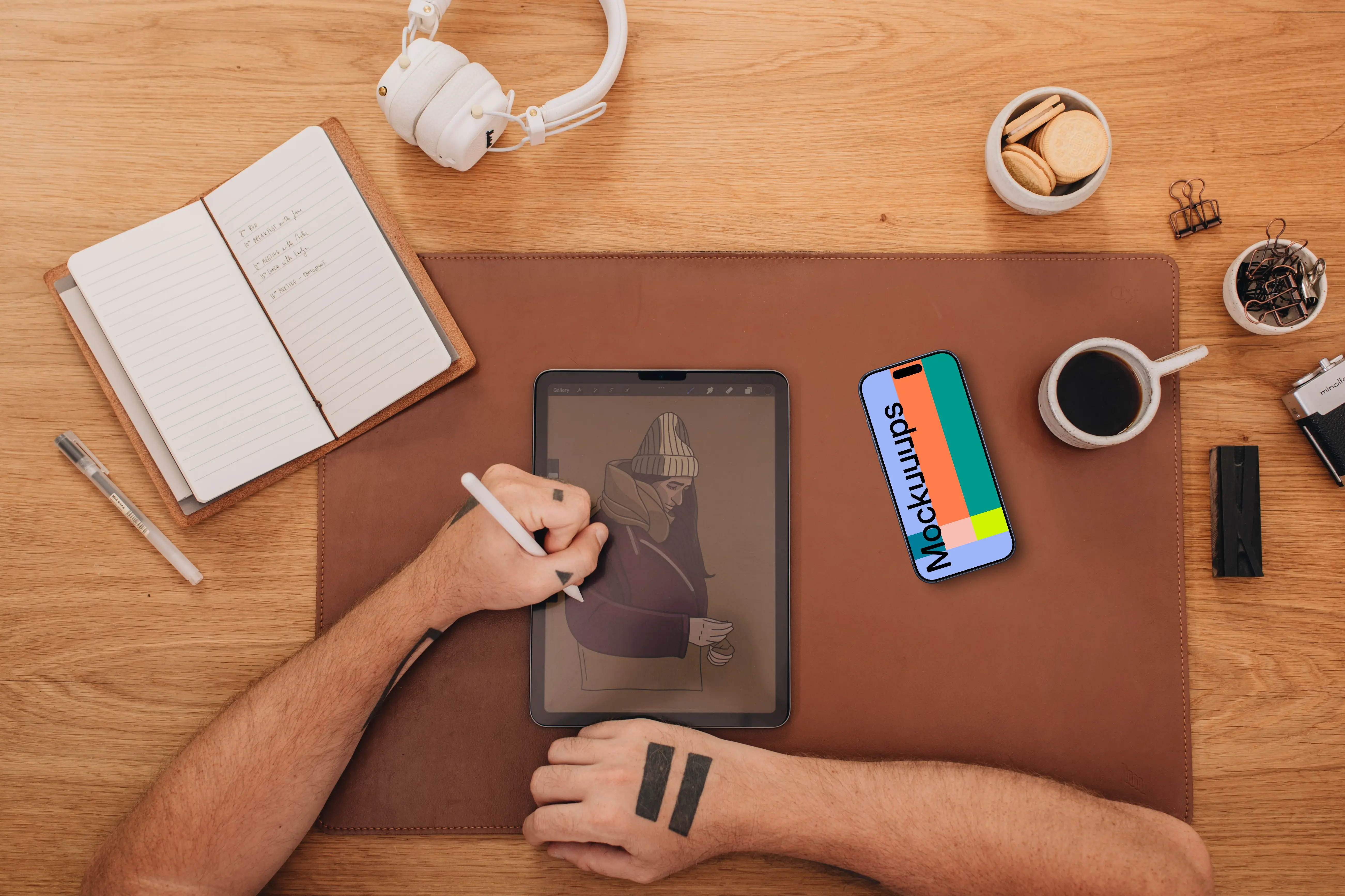 Male hands and smartphone mockup on the work desk