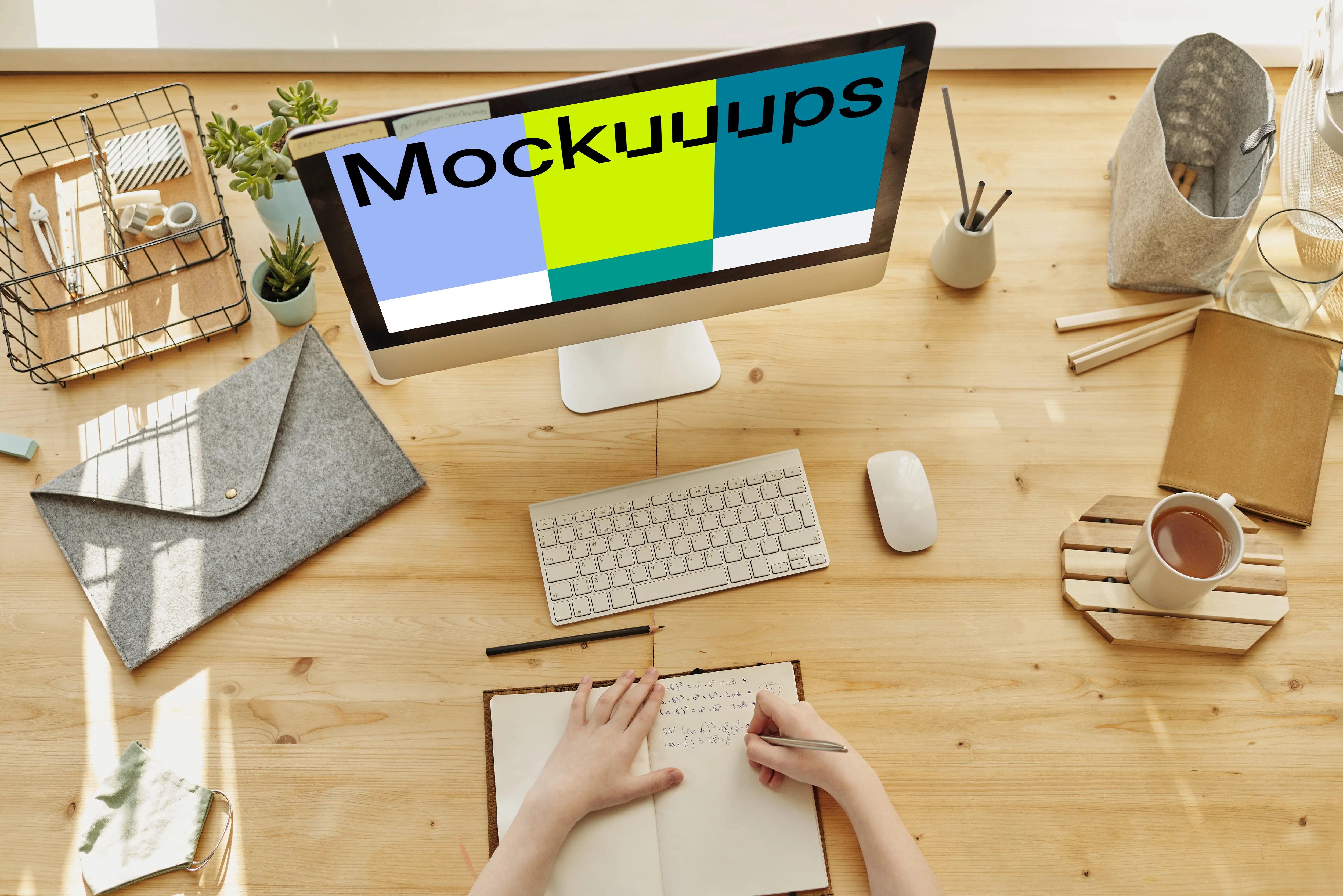 Mockup of a child writing in a book with an iMac on the table