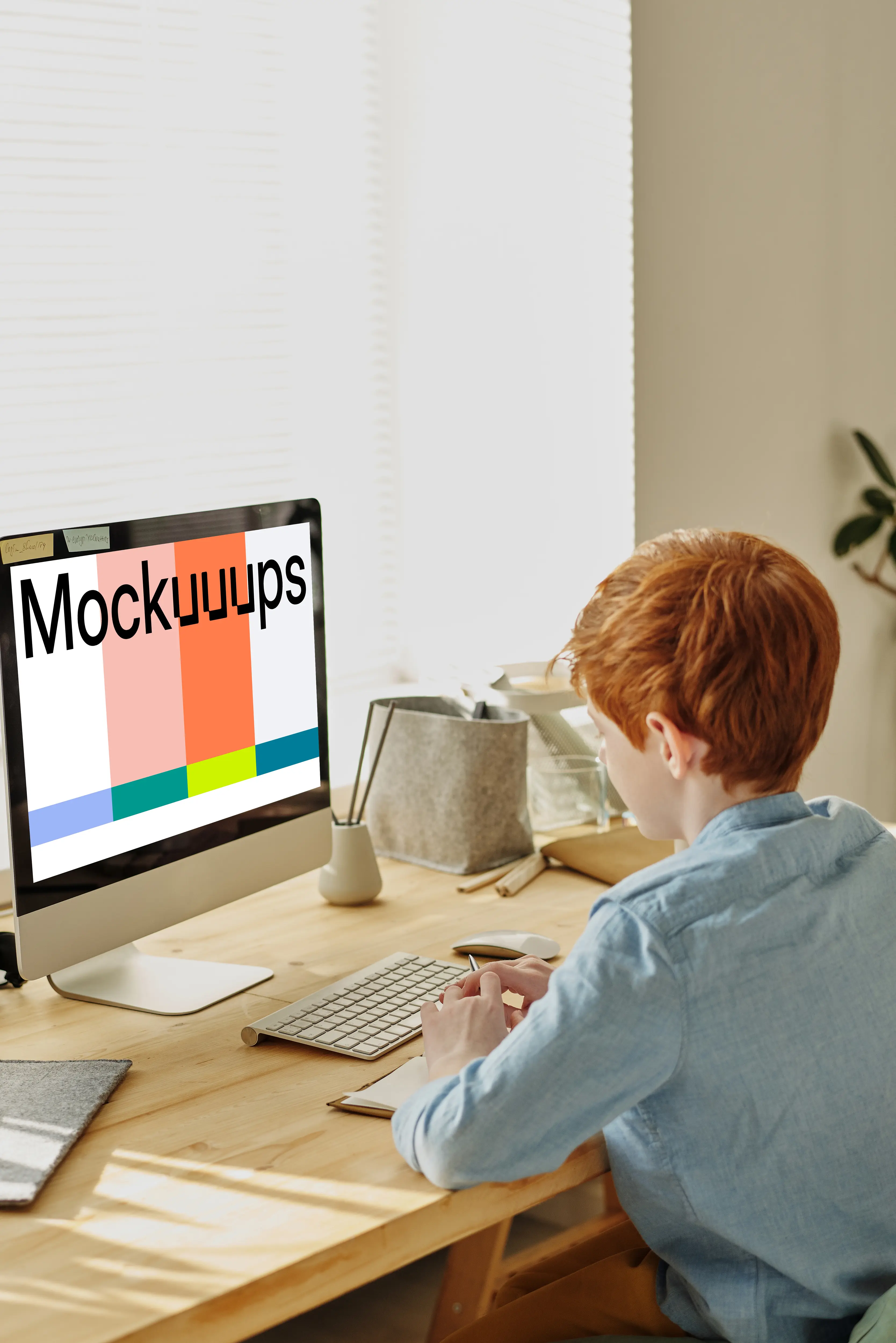 Mockup of red-haired child studying on an iMac