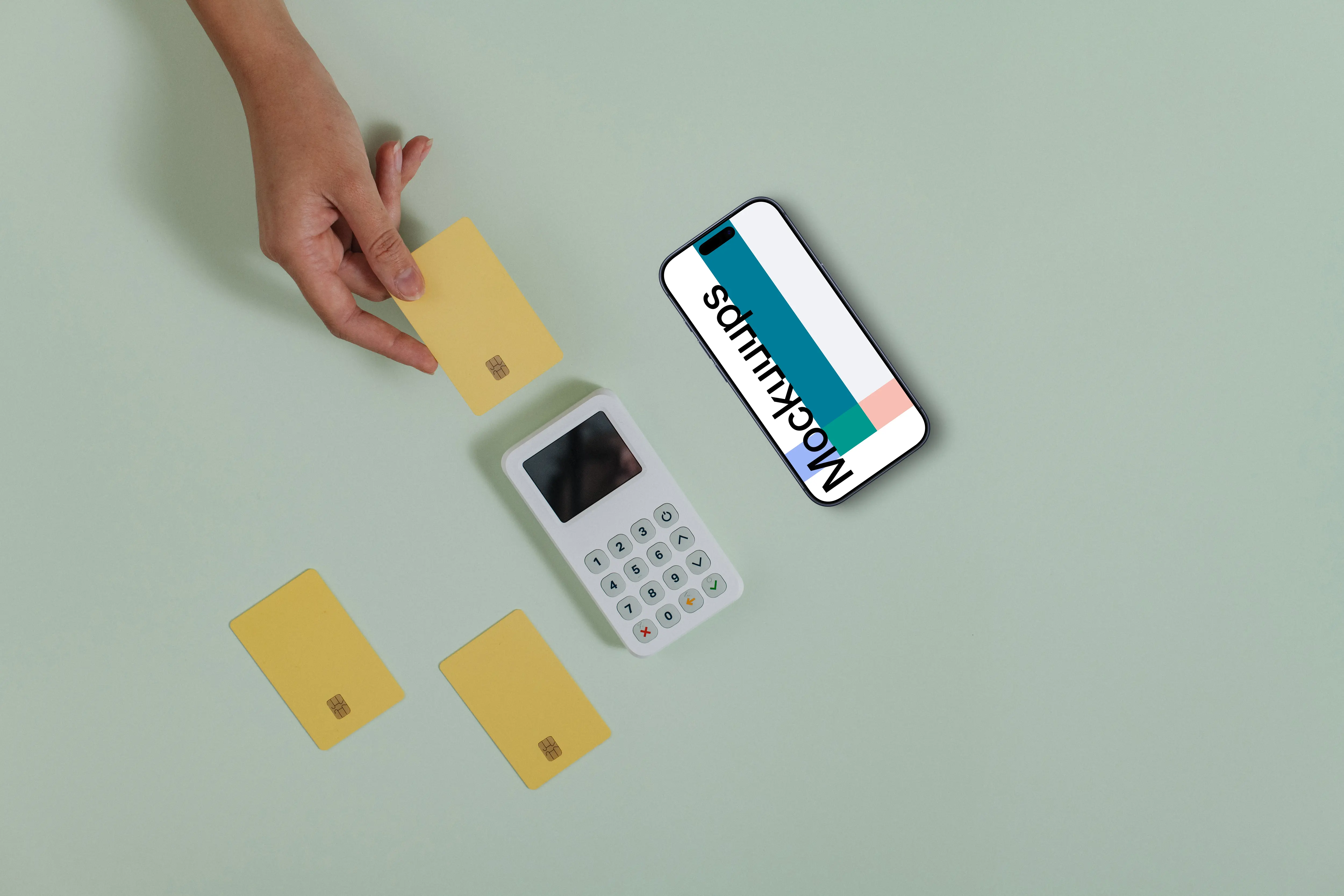 Payment terminal setup with iPhone on green backgorund