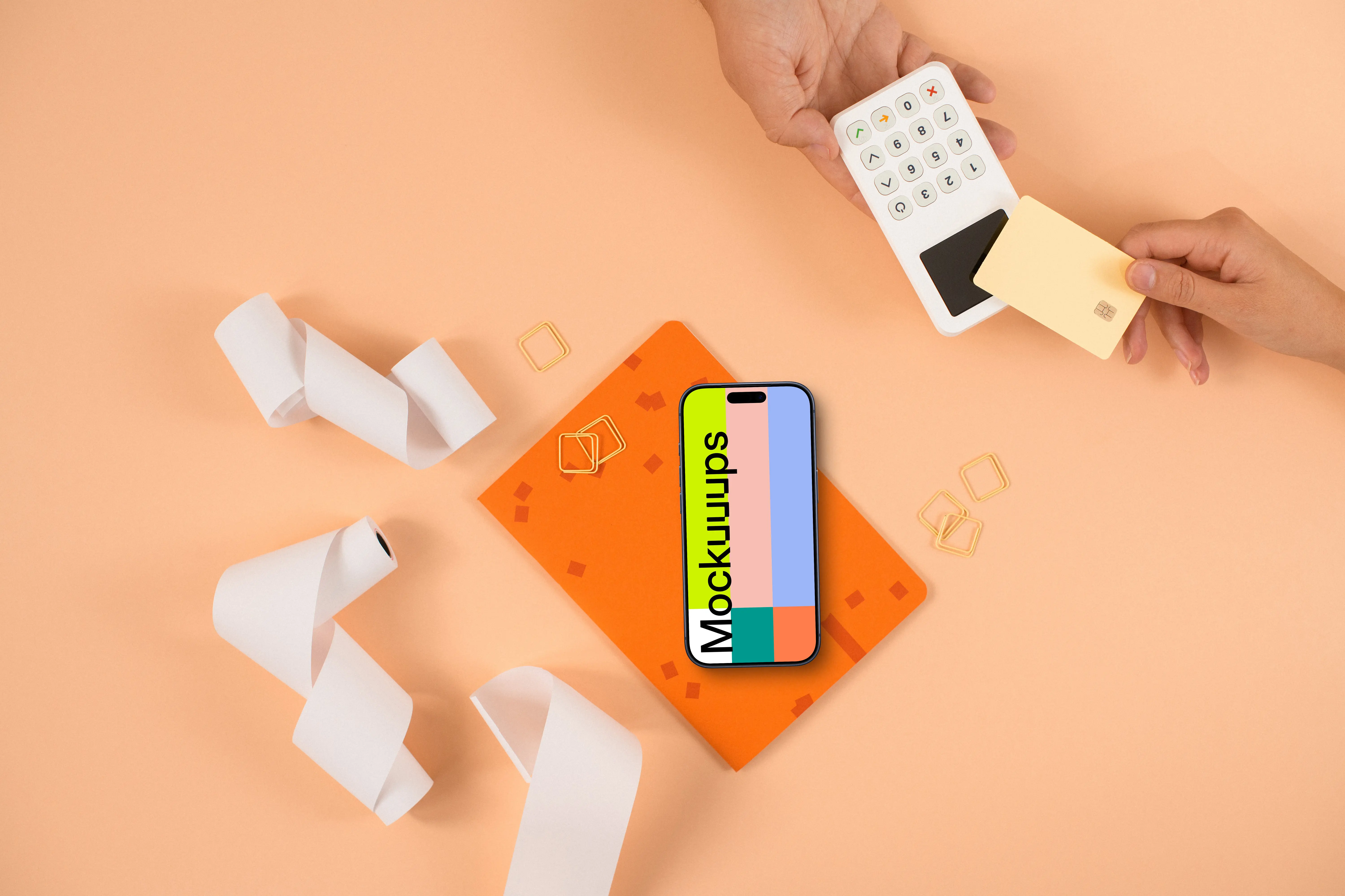 Peachy background, payment terminal and an iPhone mockup