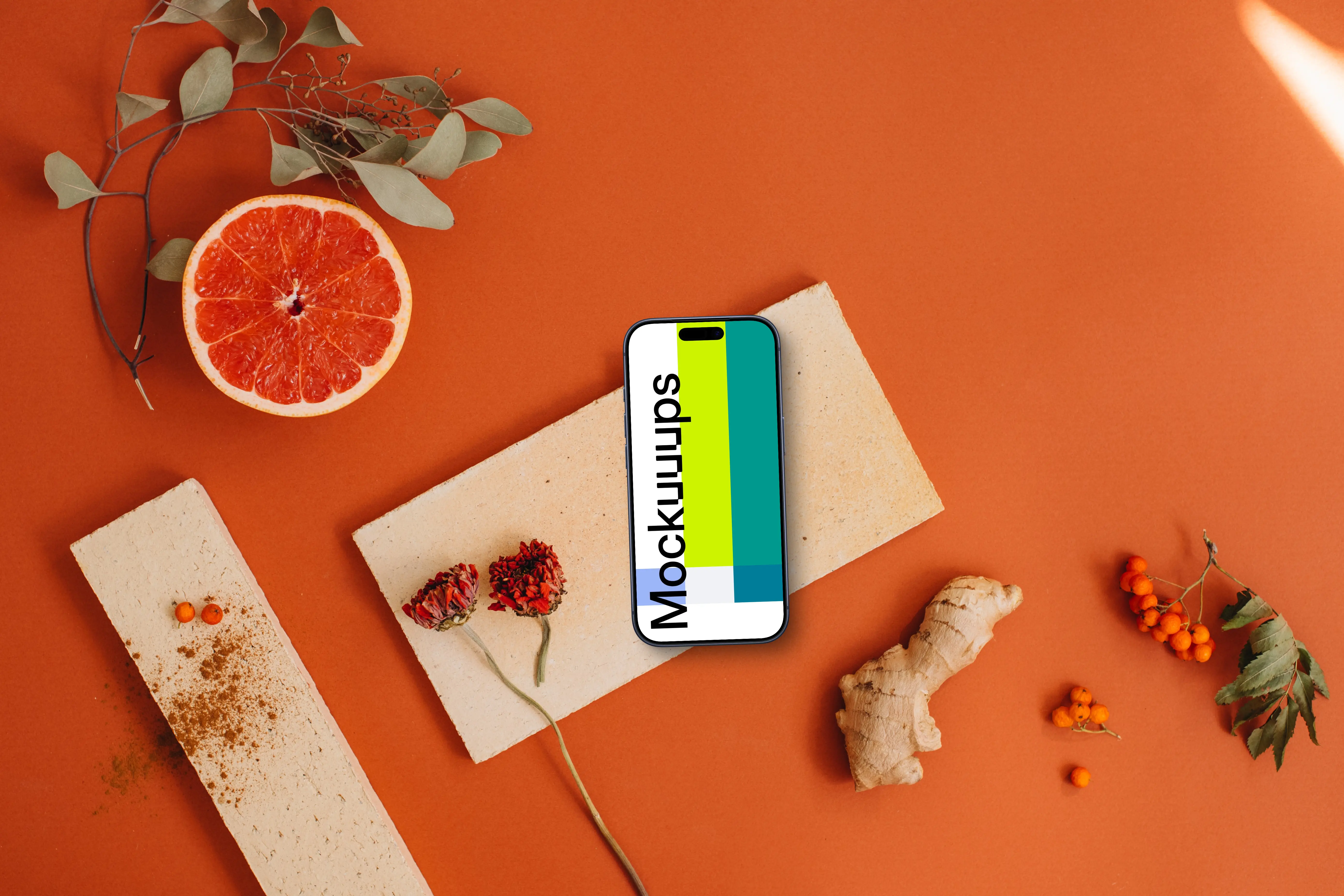 Phone mockup on vivid orange background