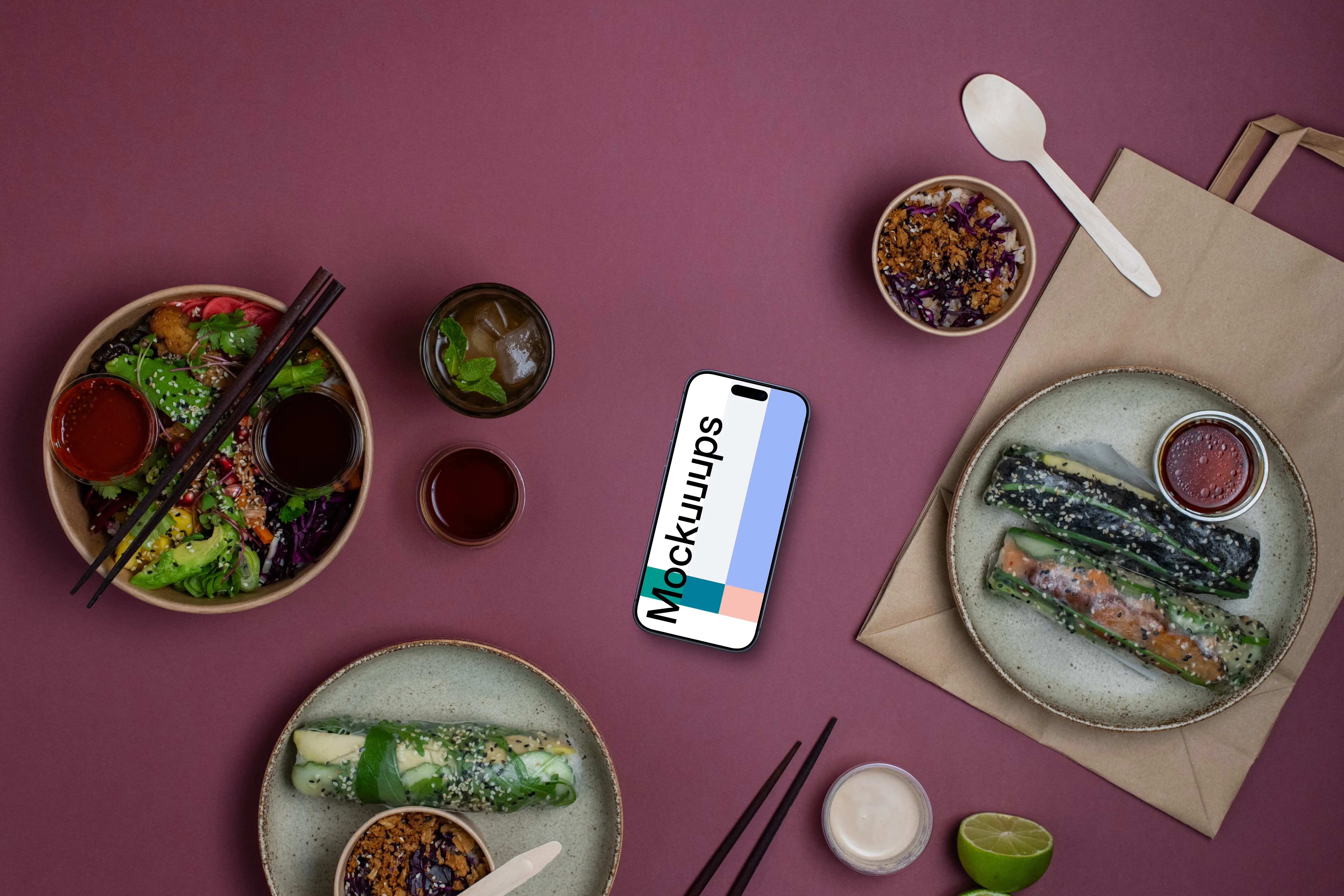 Phone mockup with Asian food