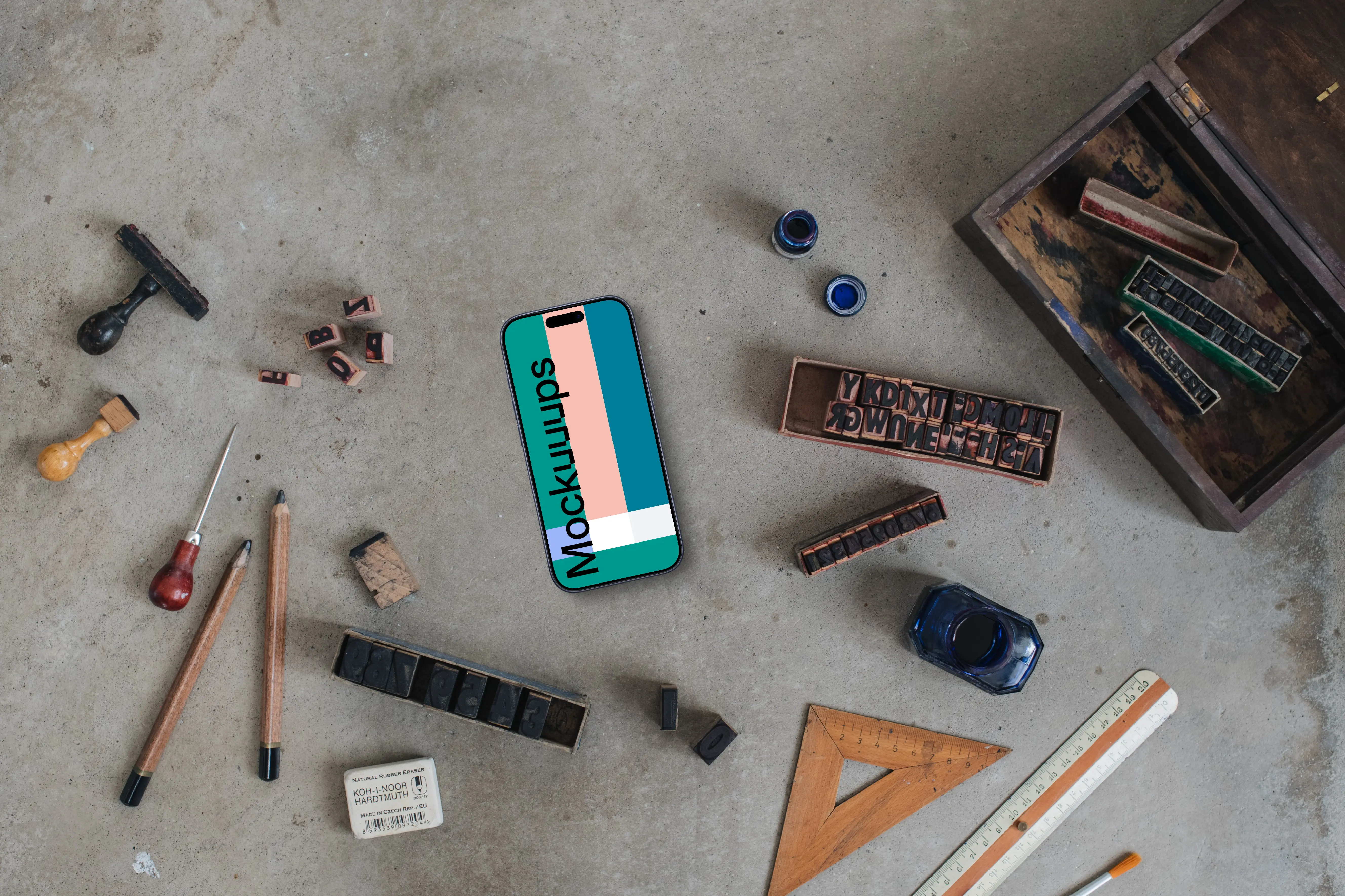 Phone mockup with rulers and stamps on the side