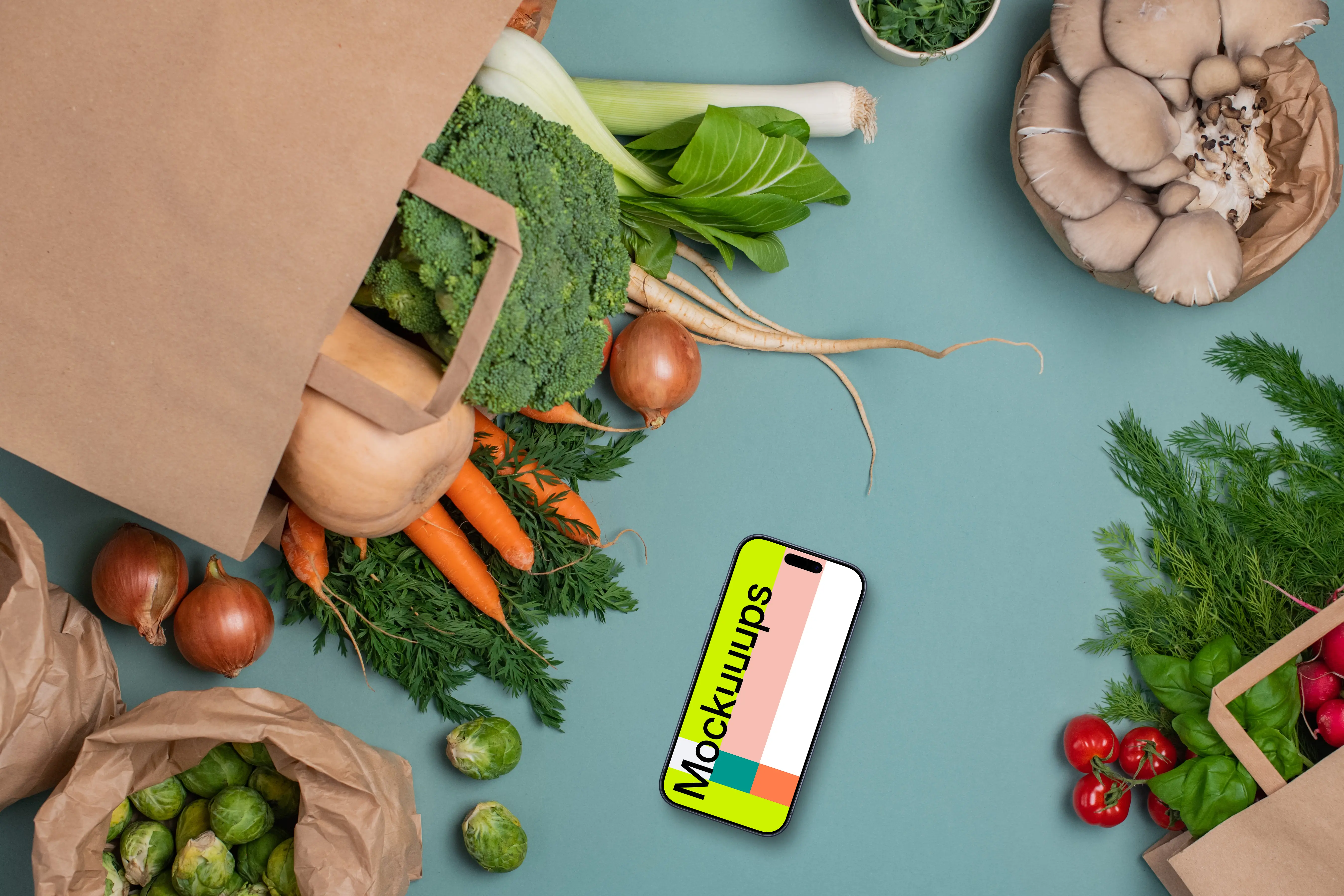 Phone mockup with vegetables