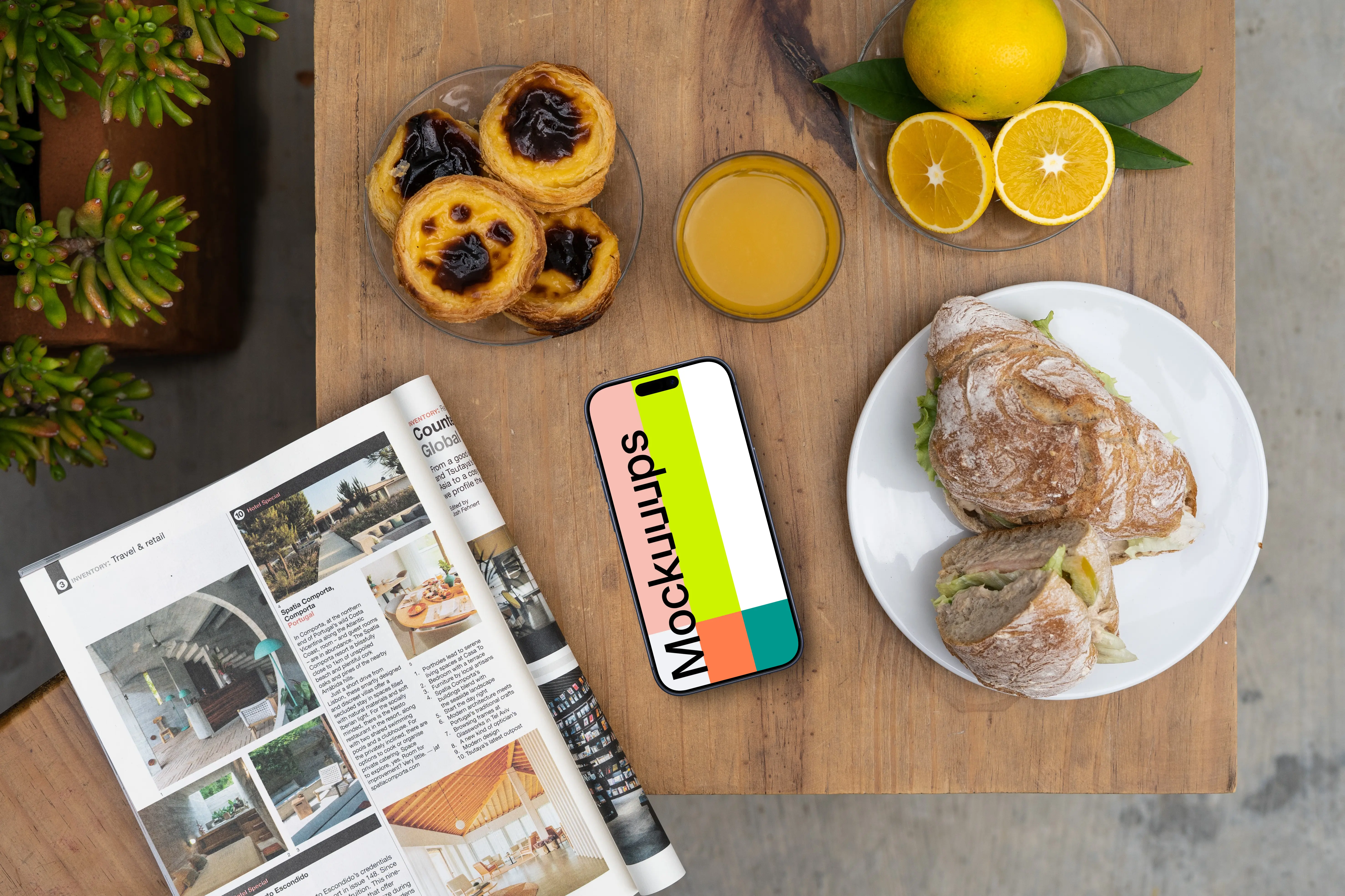 Smartphone mockup in a cafe with sandwiches
