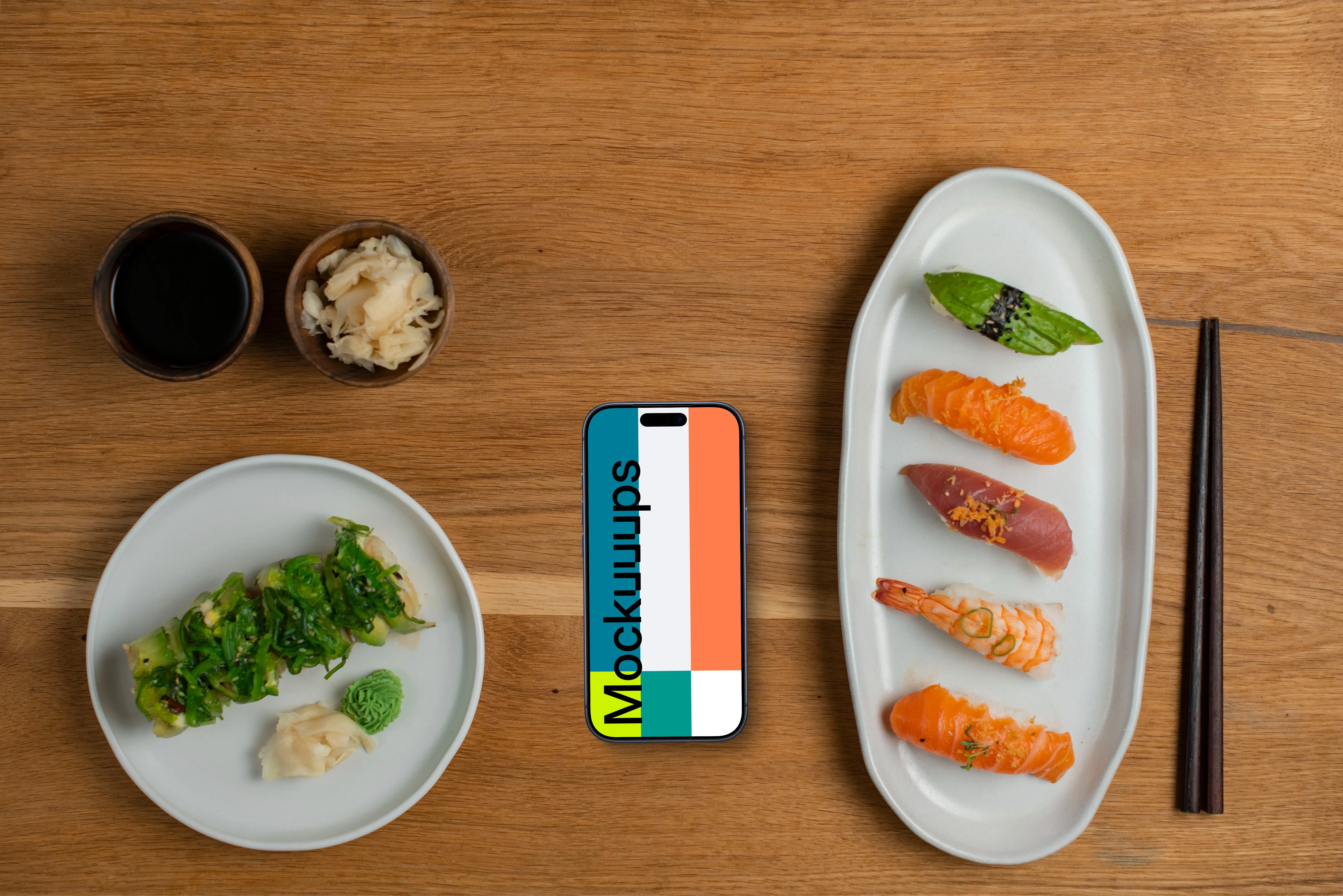 Smartphone mockup in the middle of sushi plates
