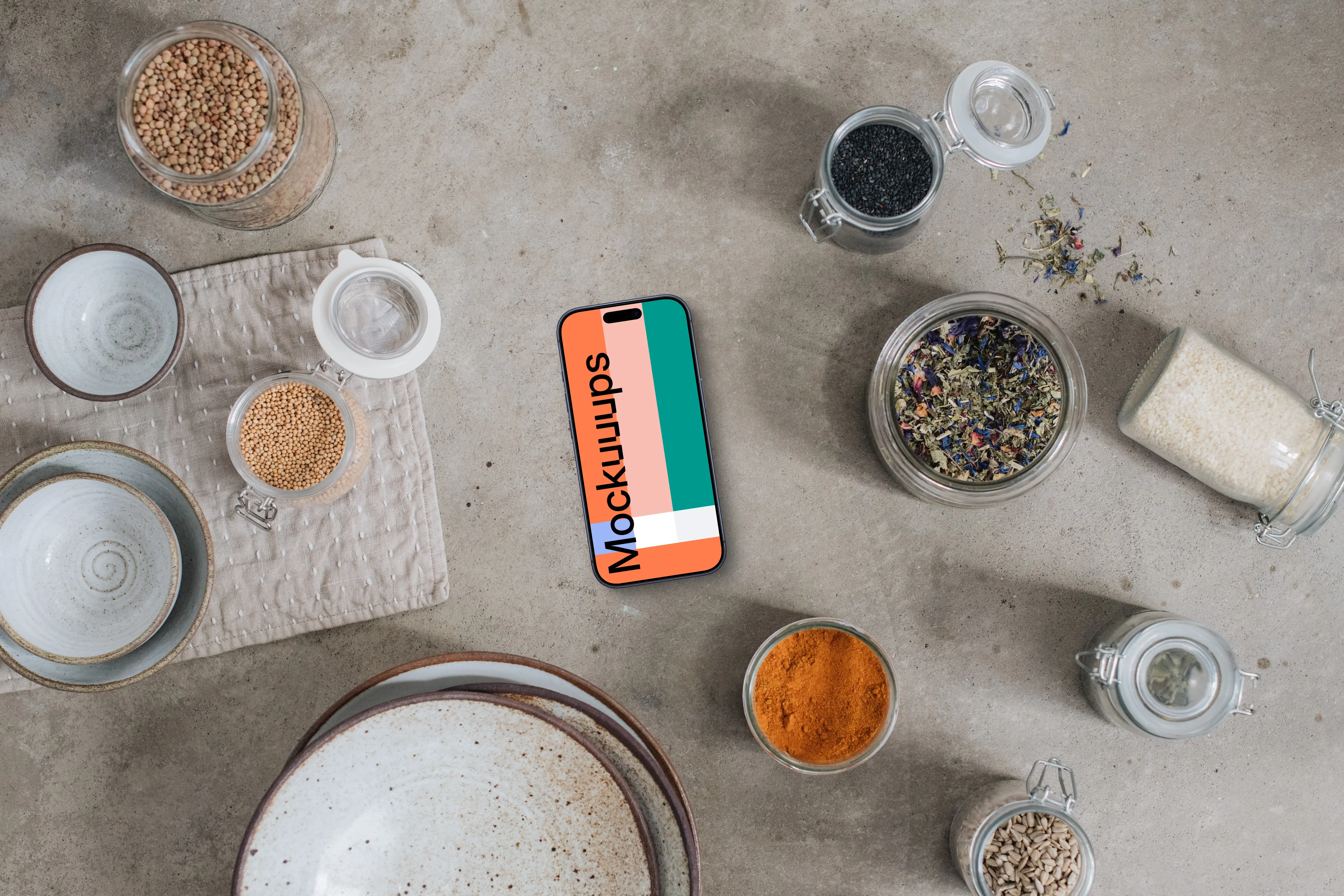 Smartphone mockup next to the spices and herbs