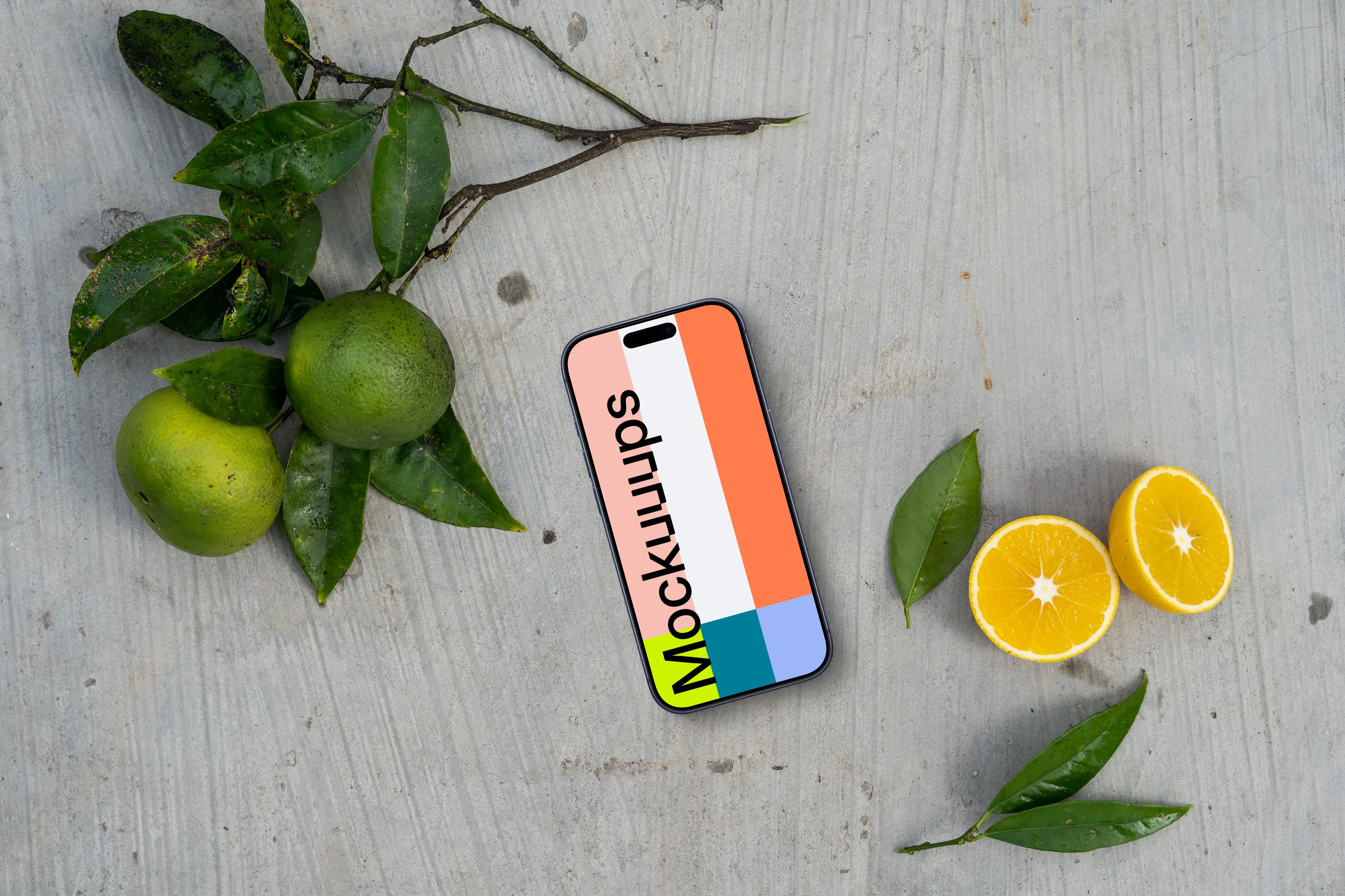 Smartphone mockup on a table with citrus fruits