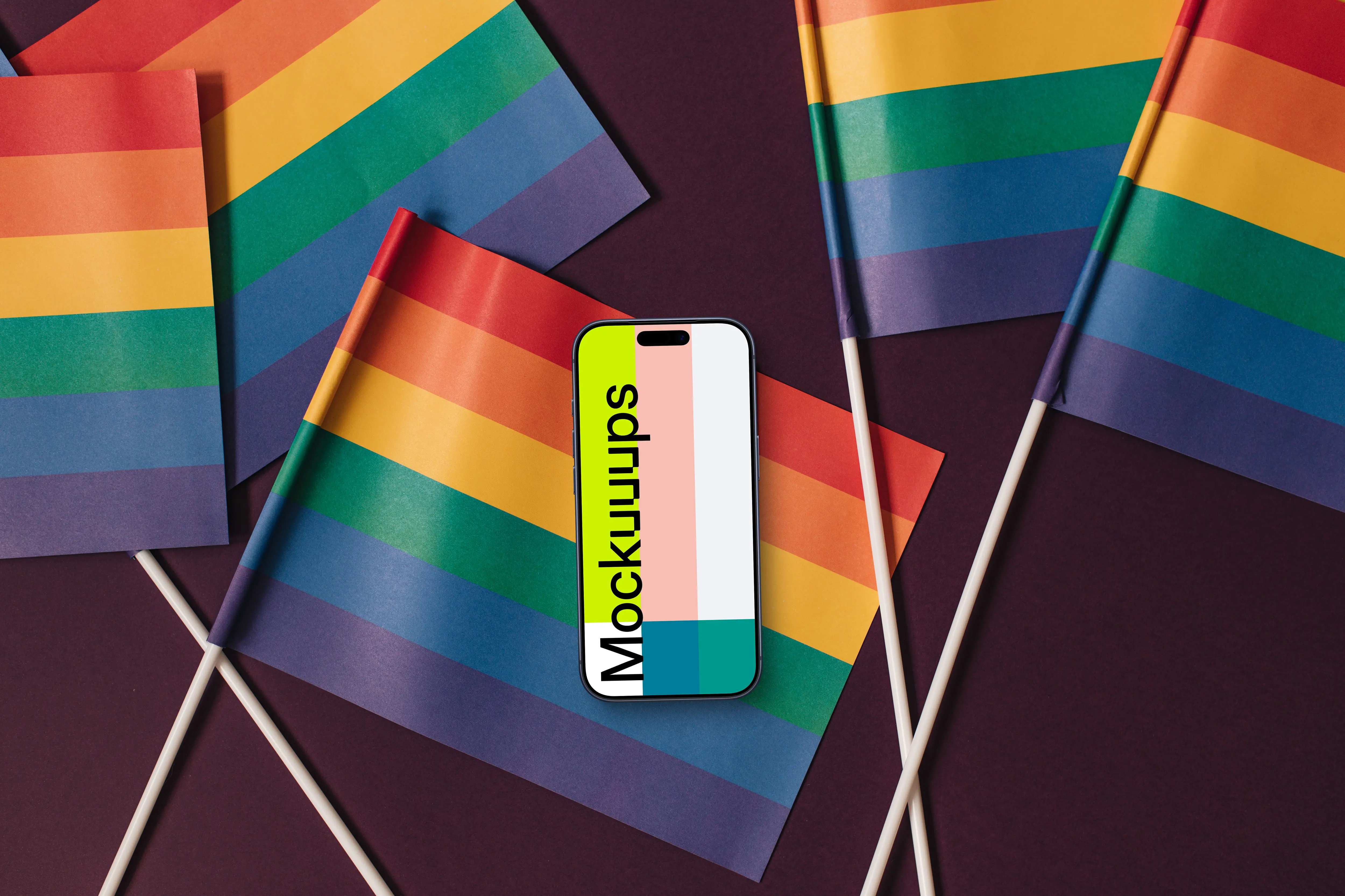 Smartphone mockup on rainbow flags