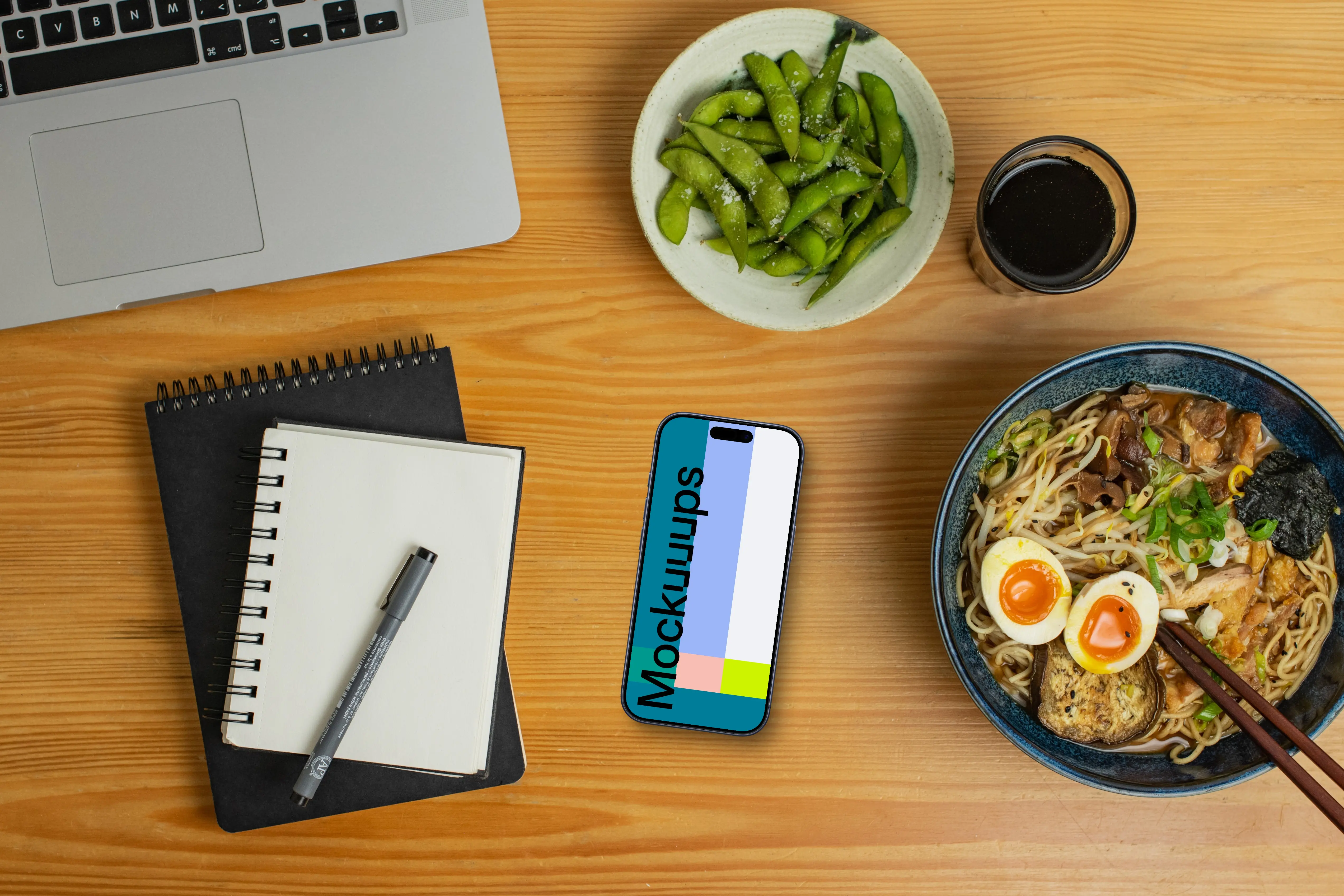 Smartphone mockup on table with japanese food