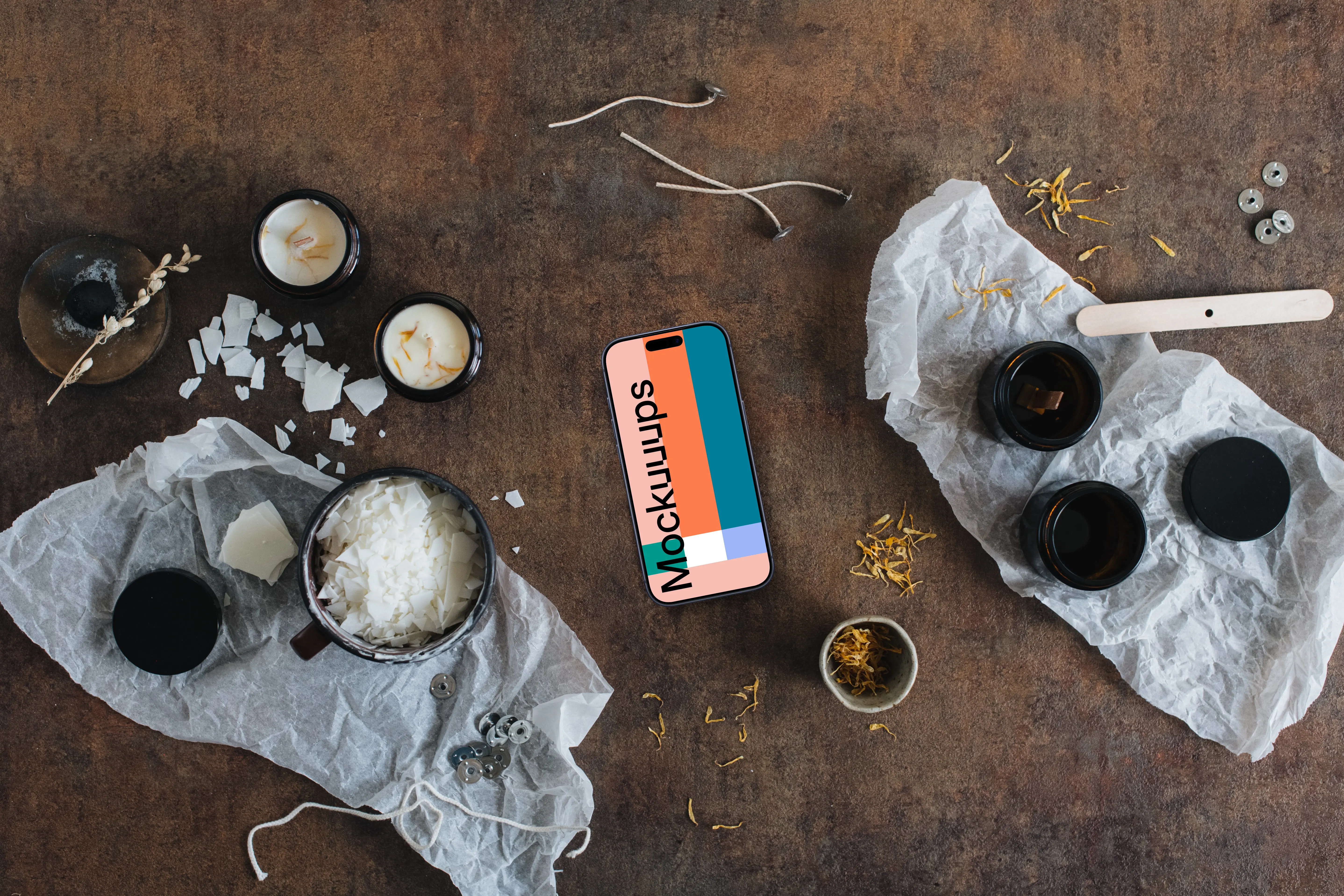 Smartphone mockup on the table with christmas decoration