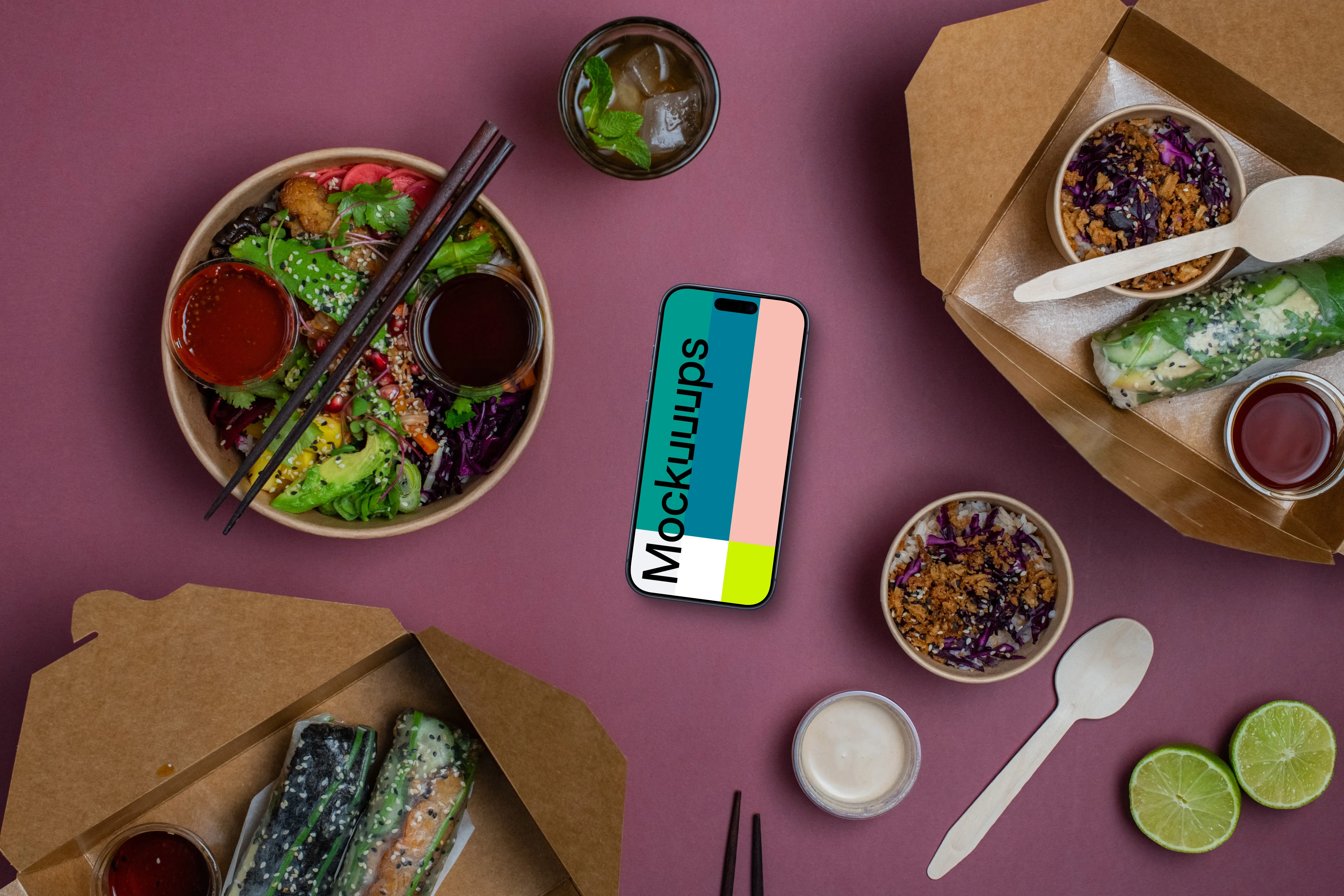 Smartphone mockup surrounded by Asian food