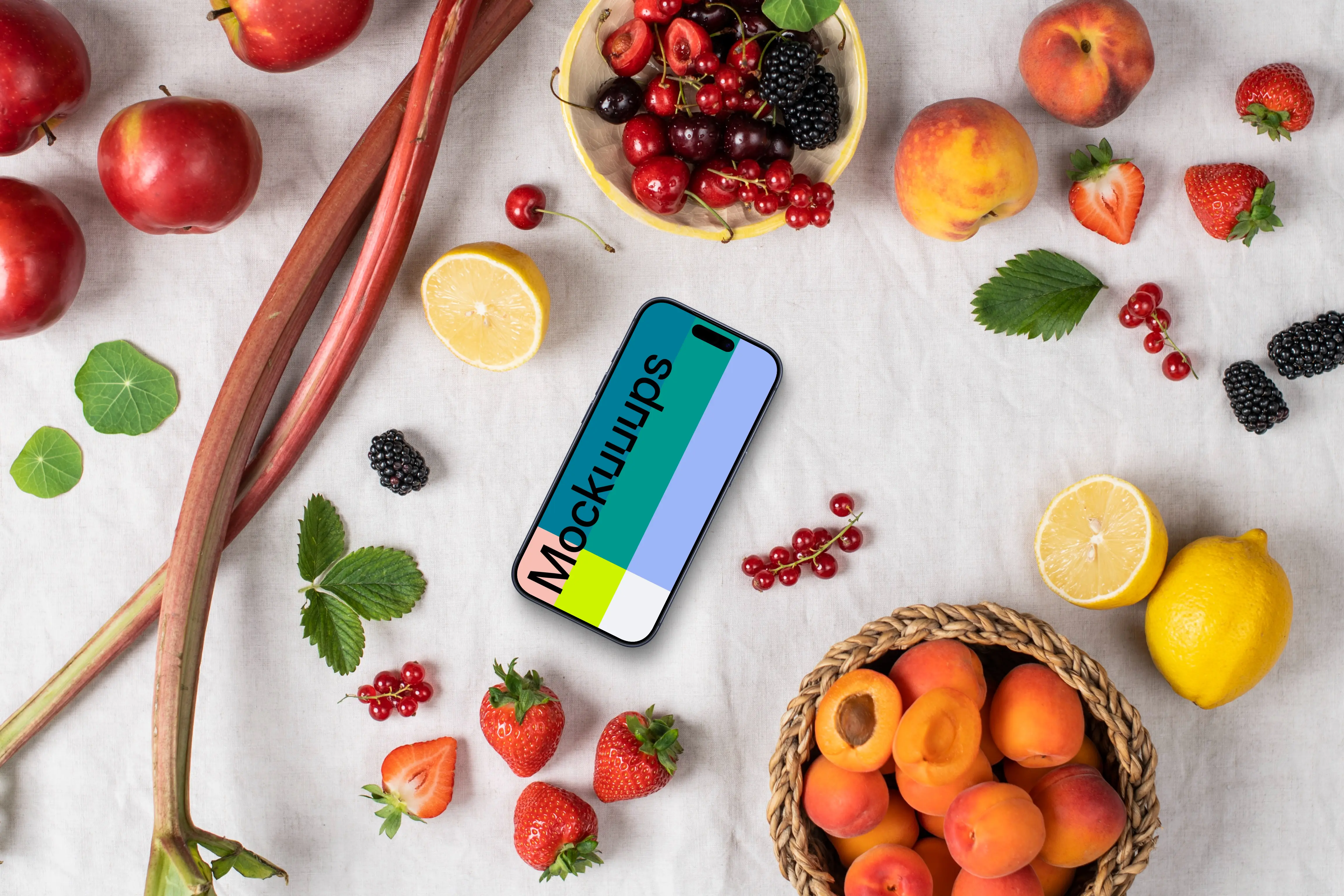Smartphone mockup surrounded by fruits