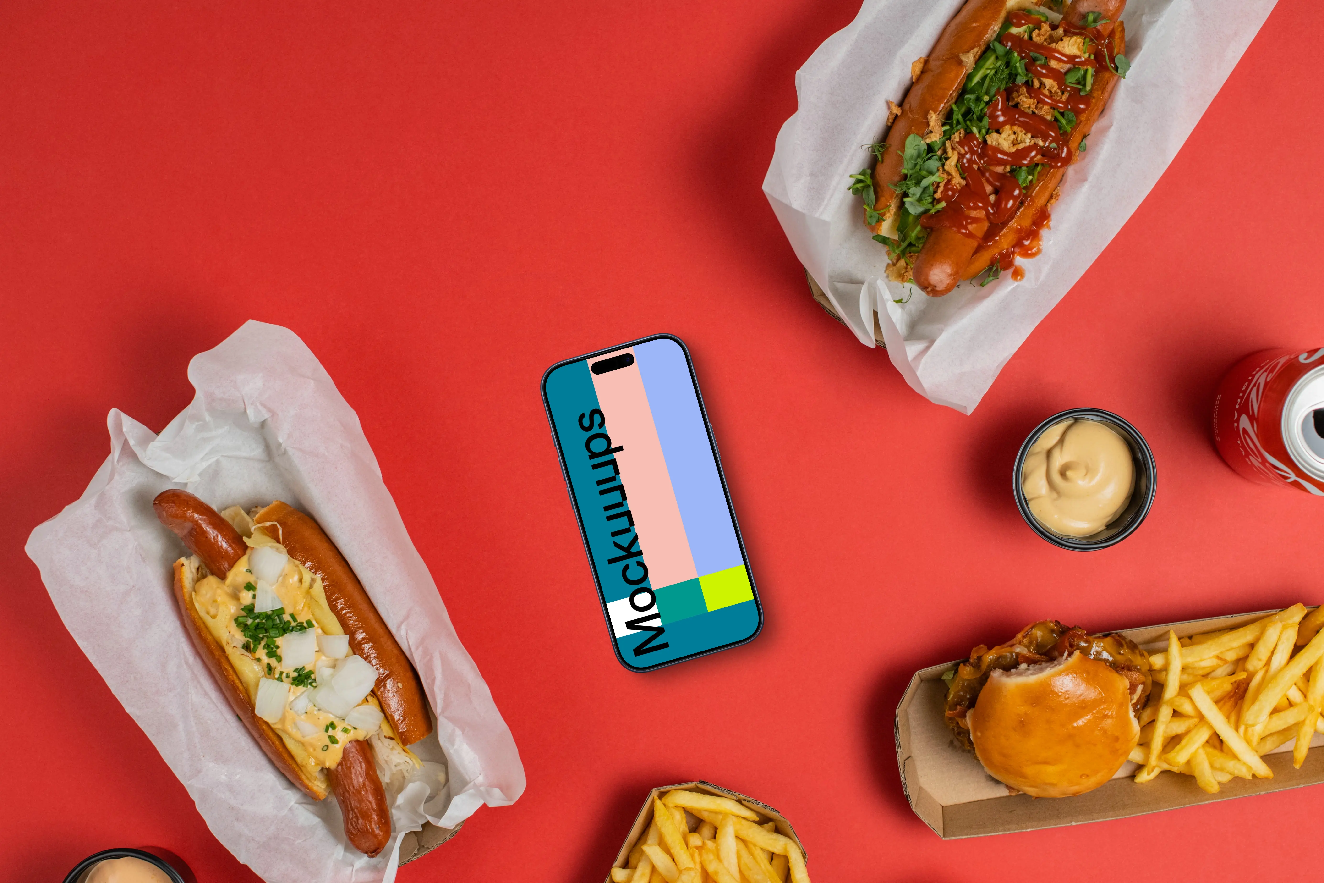 Smartphone mockup surrounded by hot-dogs