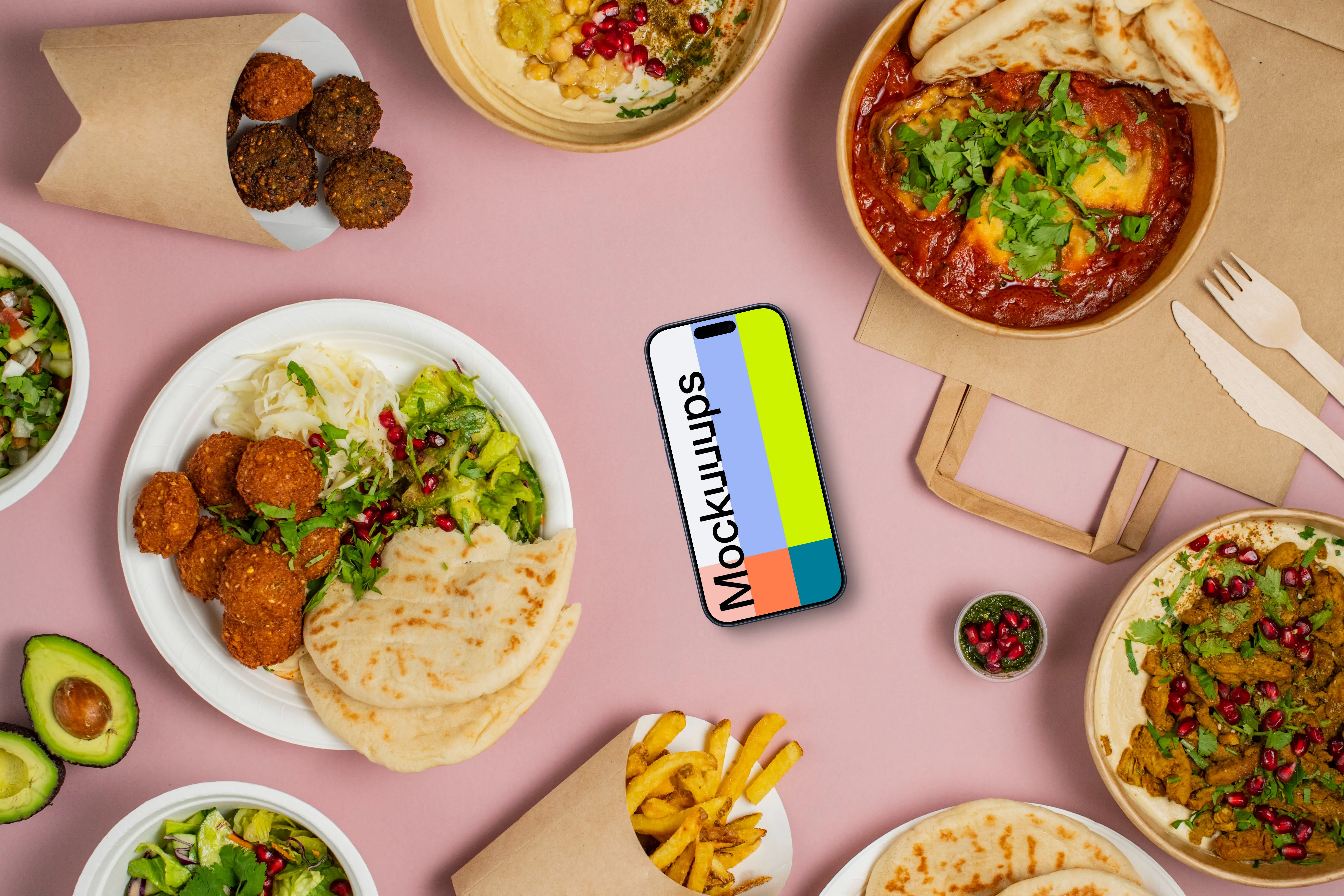 Smartphone mockup surrounded by selection of delicious Middle Eastern dishes