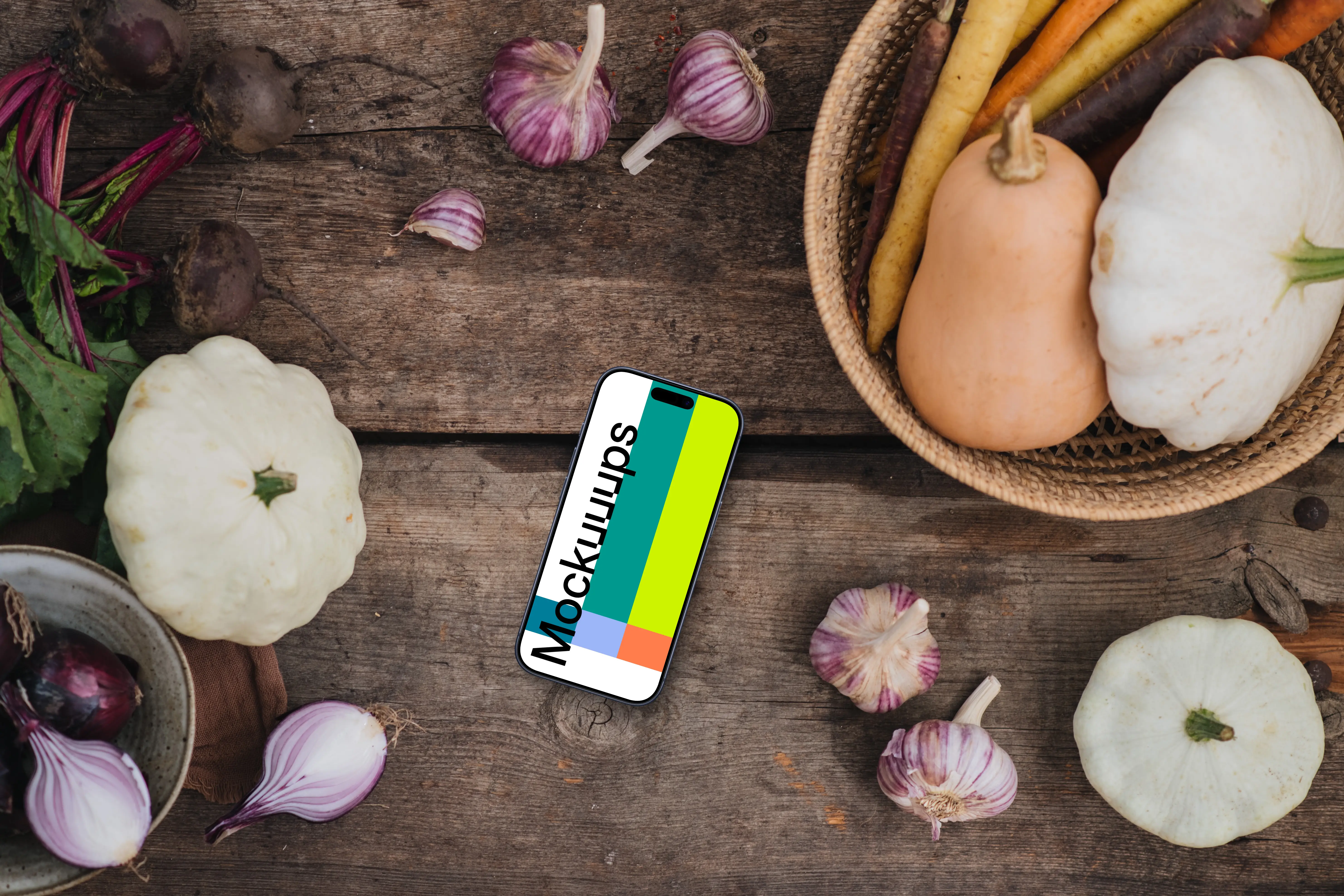Smartphone mockup surrounded by vegetables