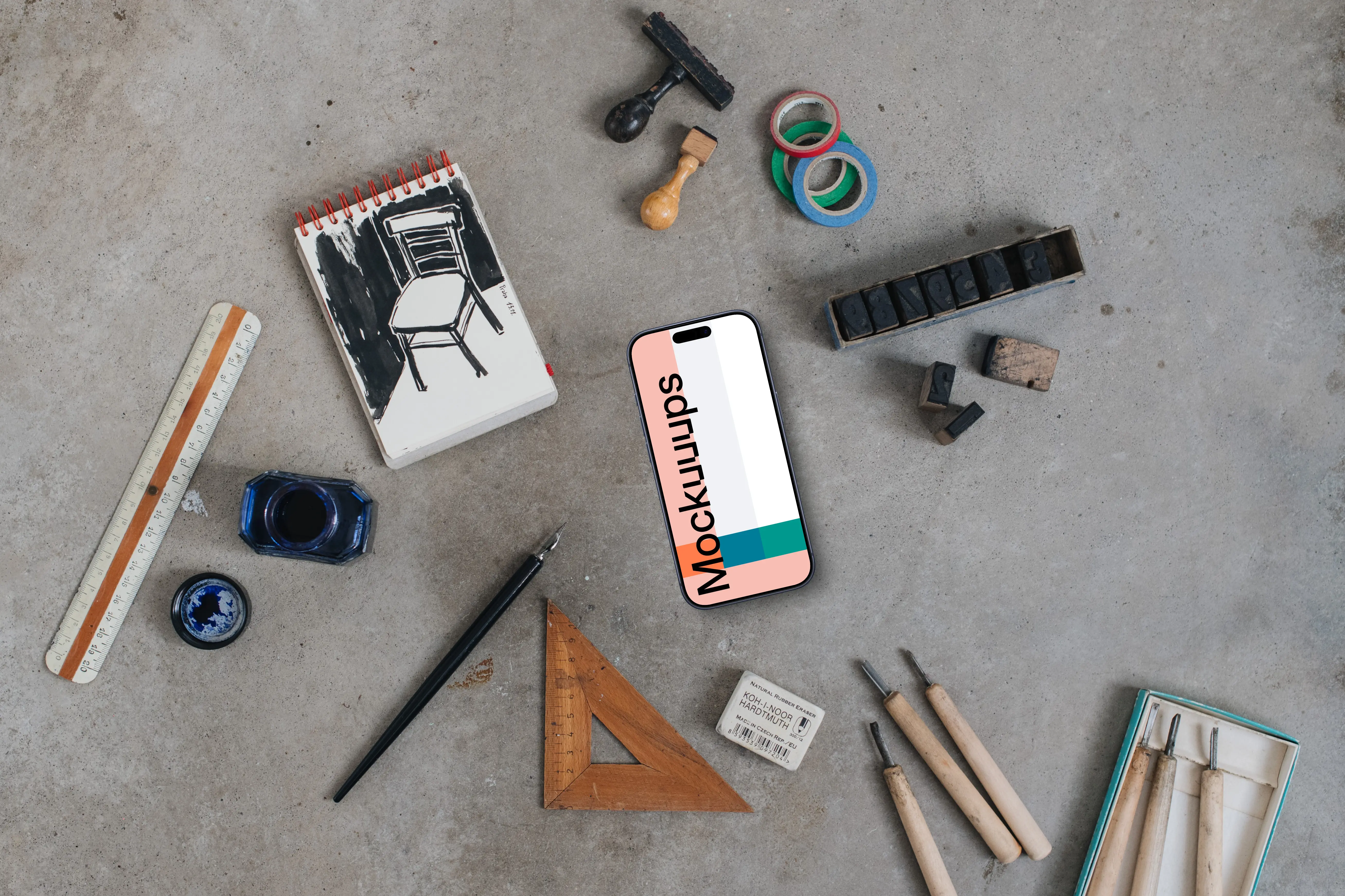 Smartphone mockup with a brush and ink on the side