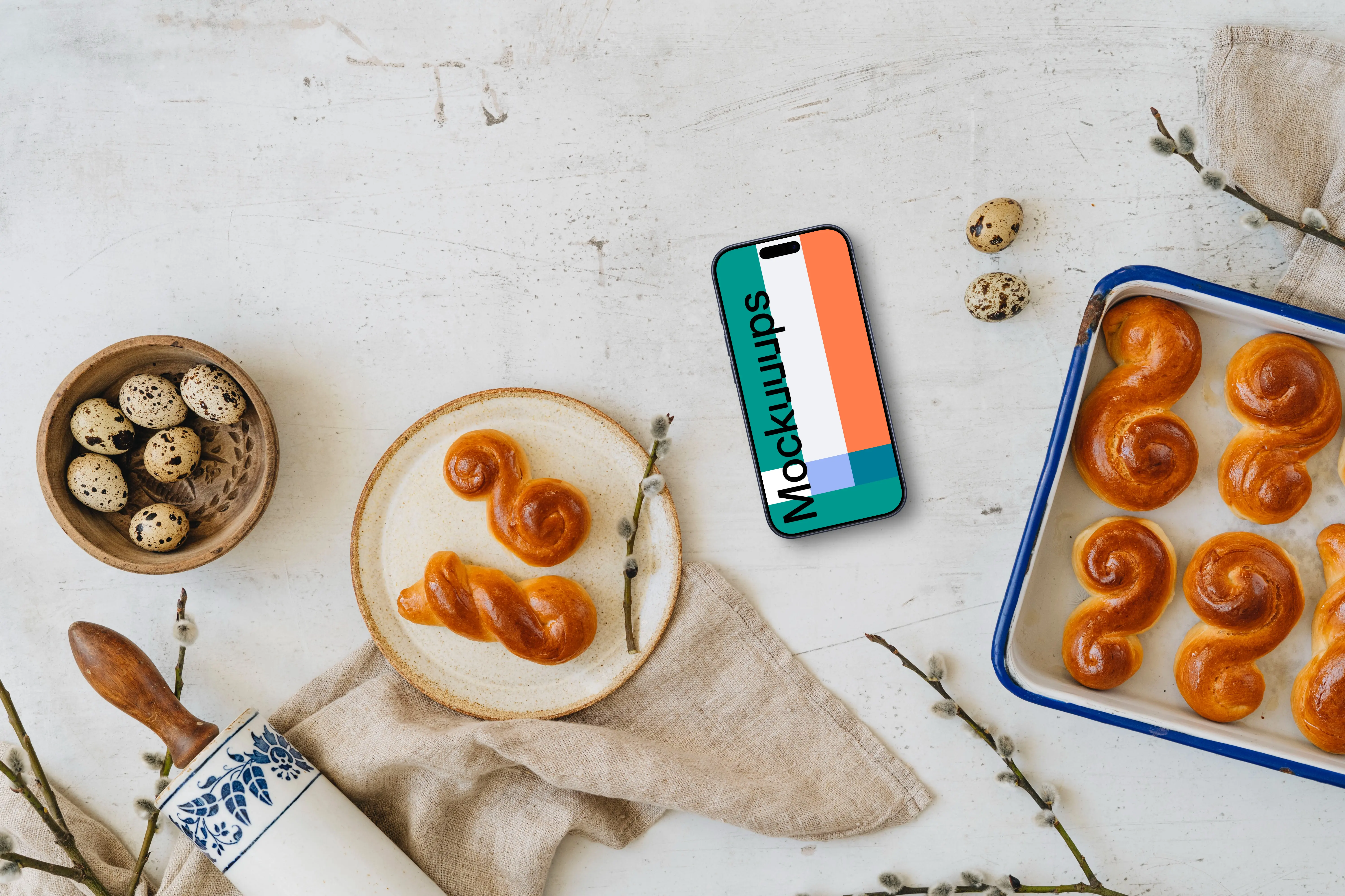 Smartphone mockup with baked Easter pastries