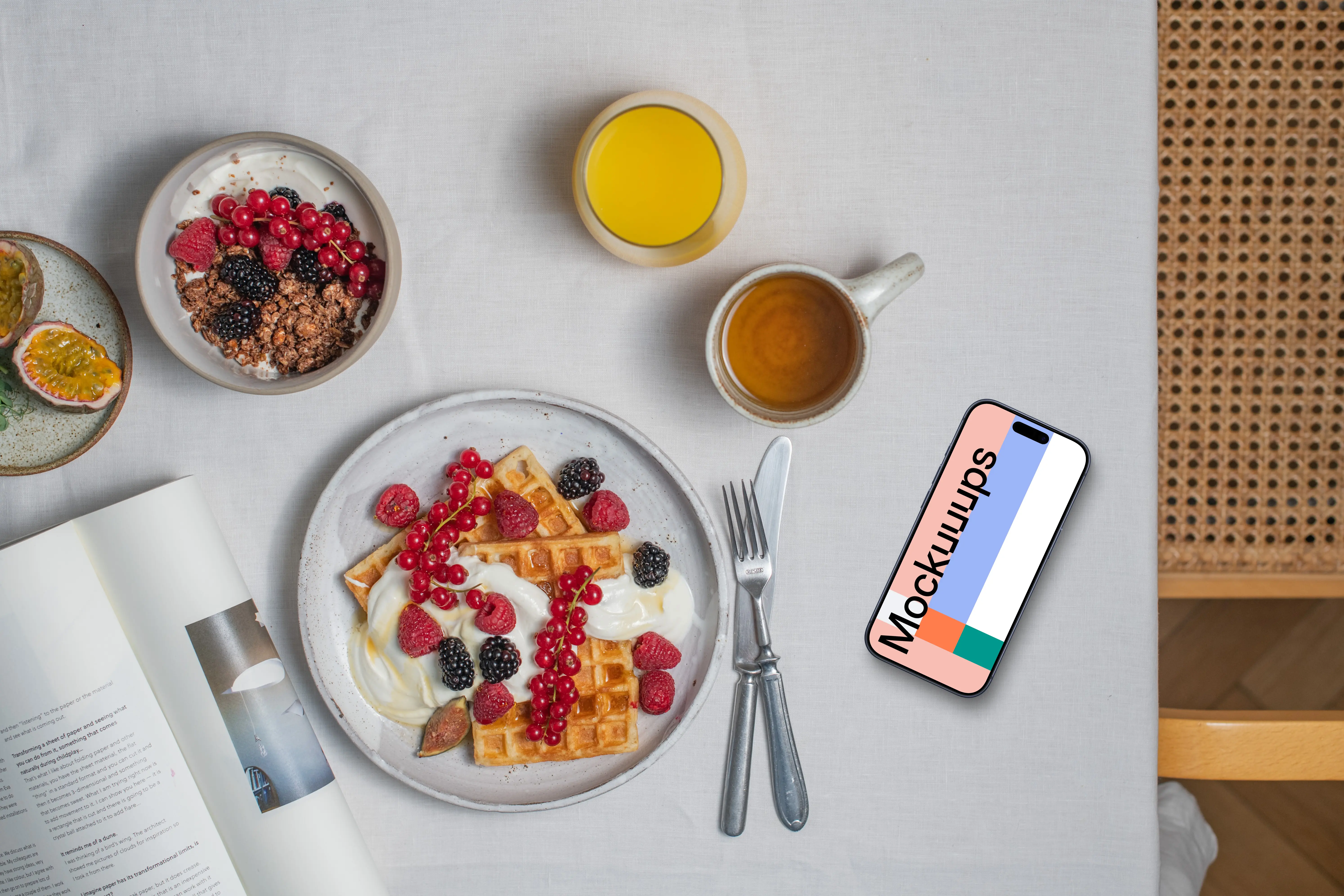Smartphone mockup with breakfast meal