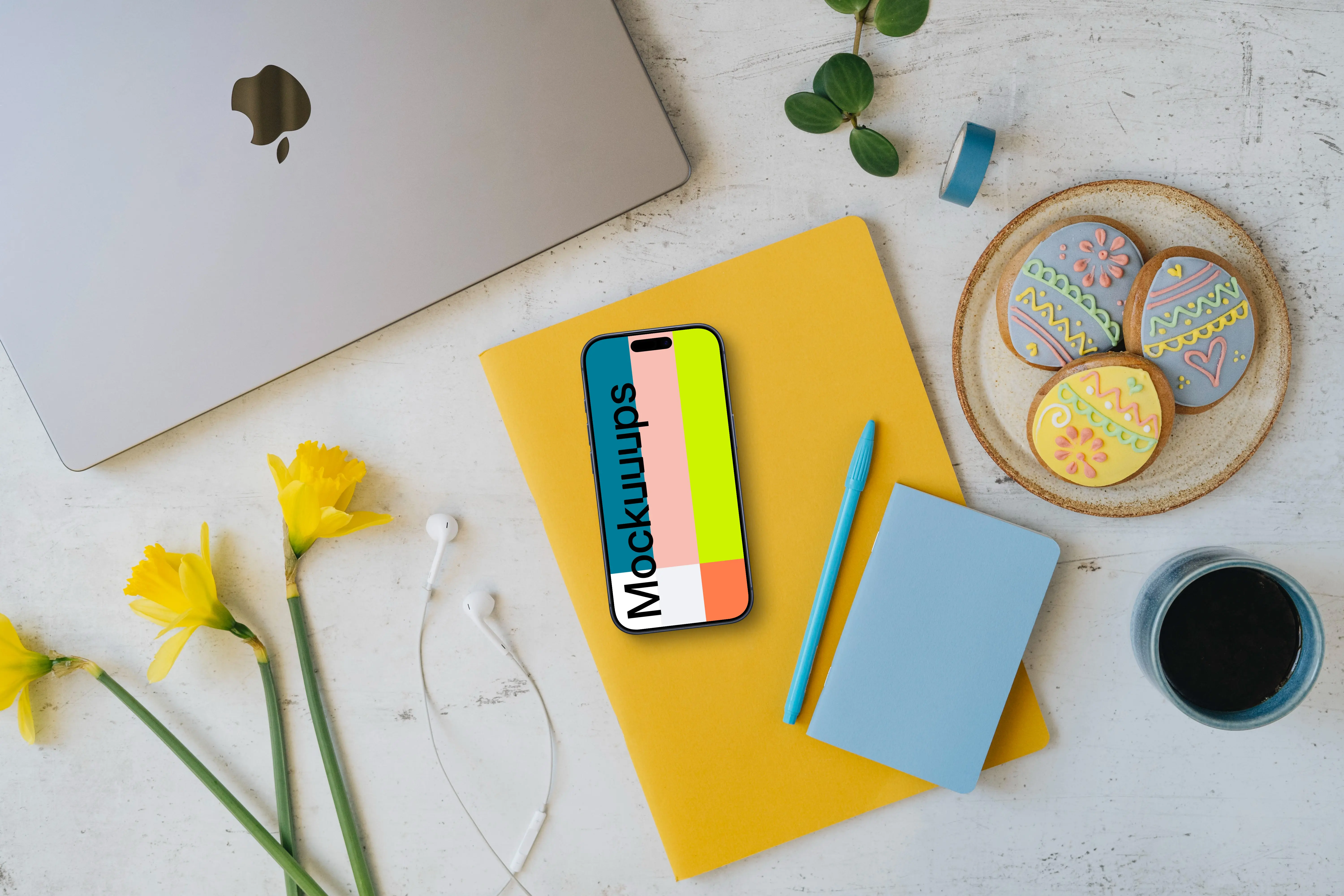 Smartphone mockup with Easter gingerbreads and coffee