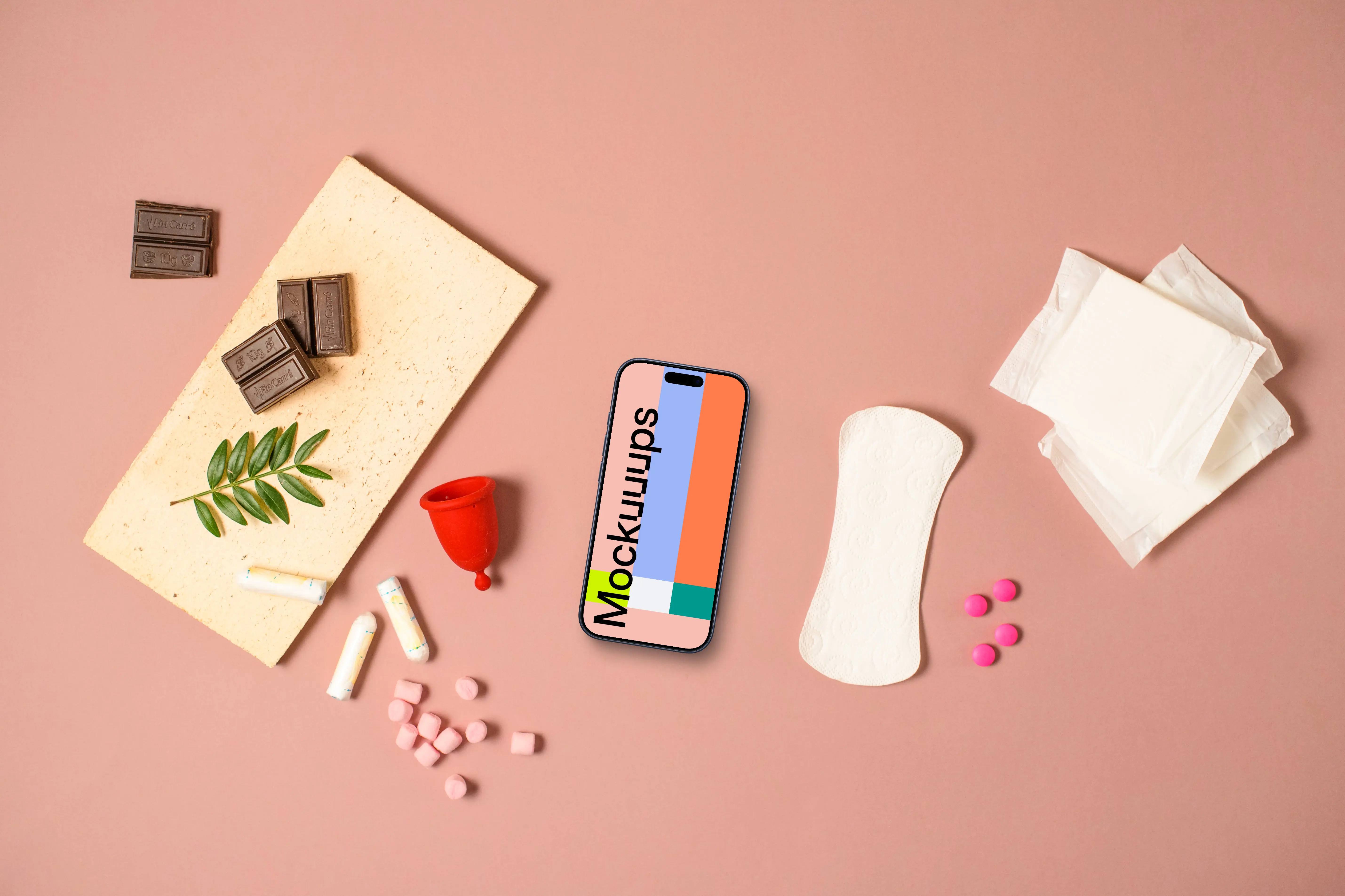 Smartphone mockup with feminine hygiene supplies