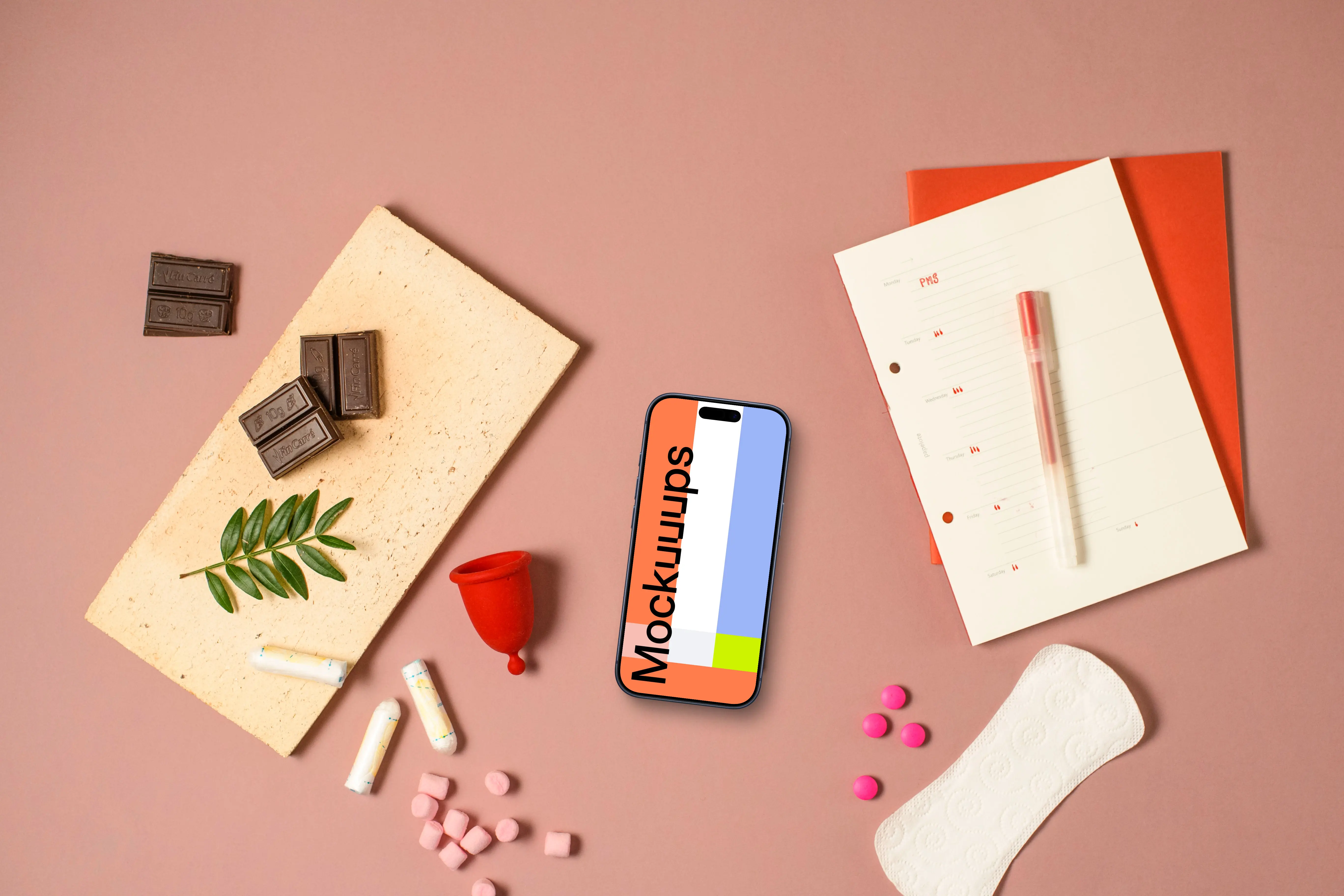 Smartphone mockup with menstrual hygiene essentials