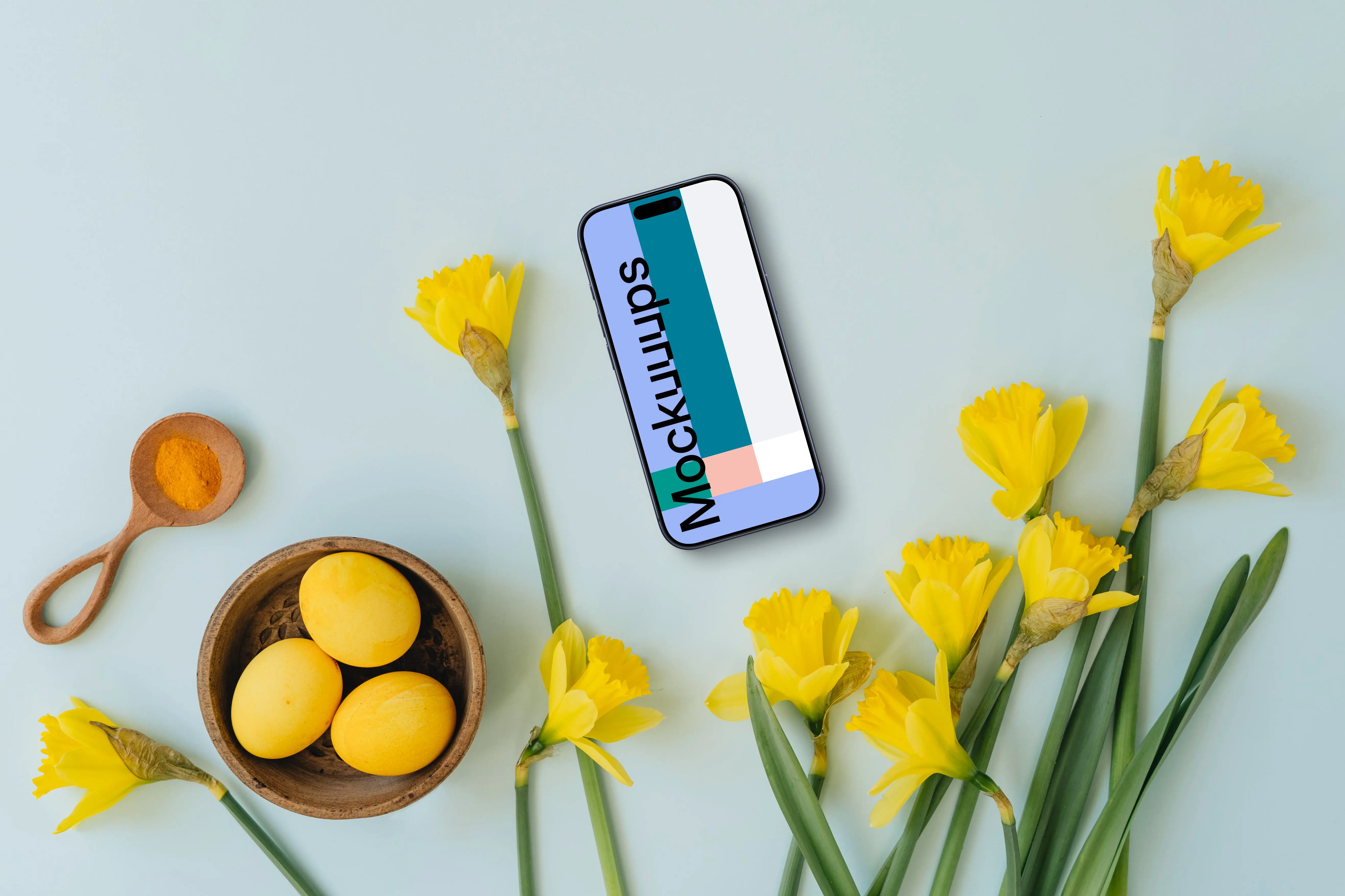 Smartphone mockup with yellow Easter eggs