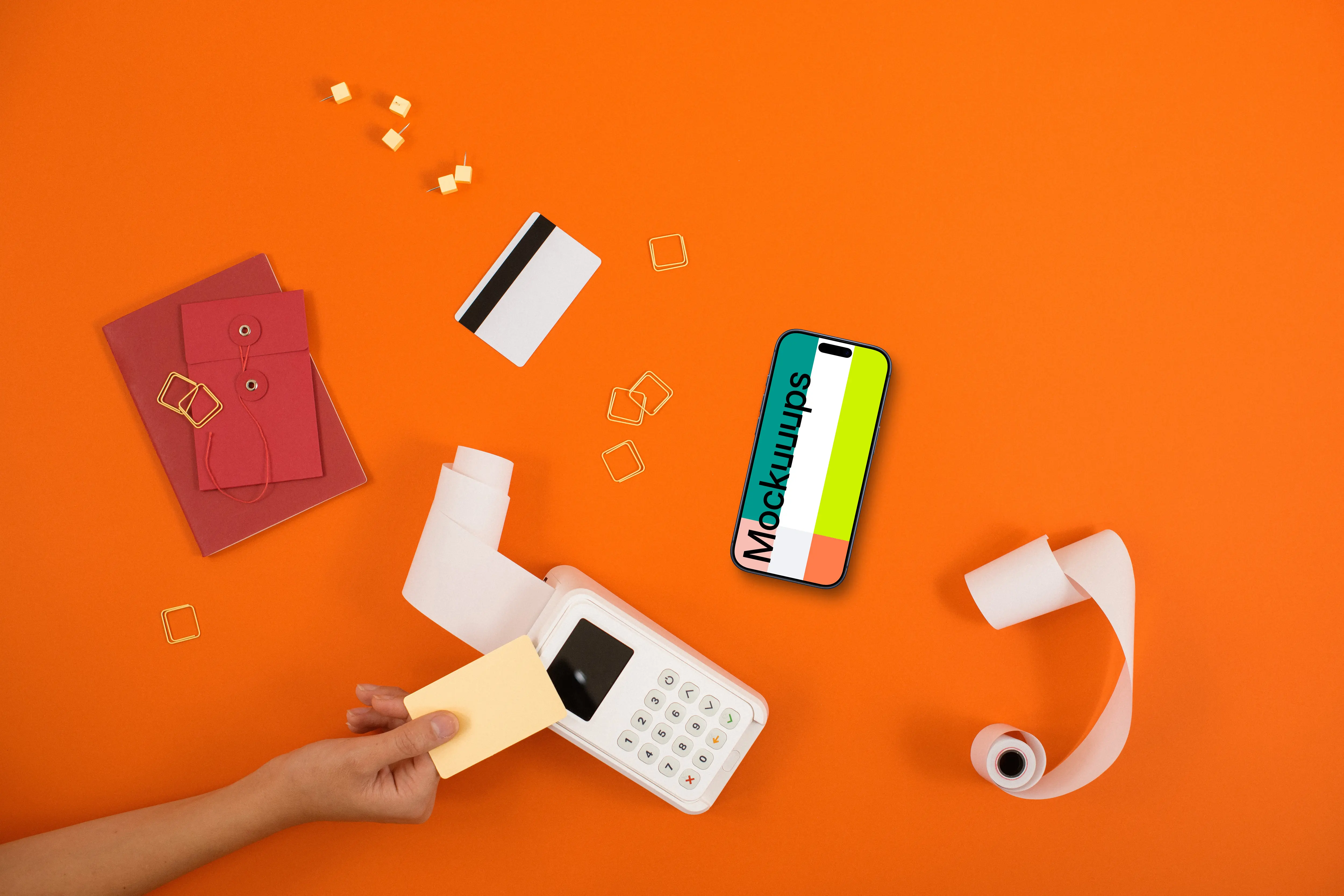 Smartphone with payment terminal mockup on orange background