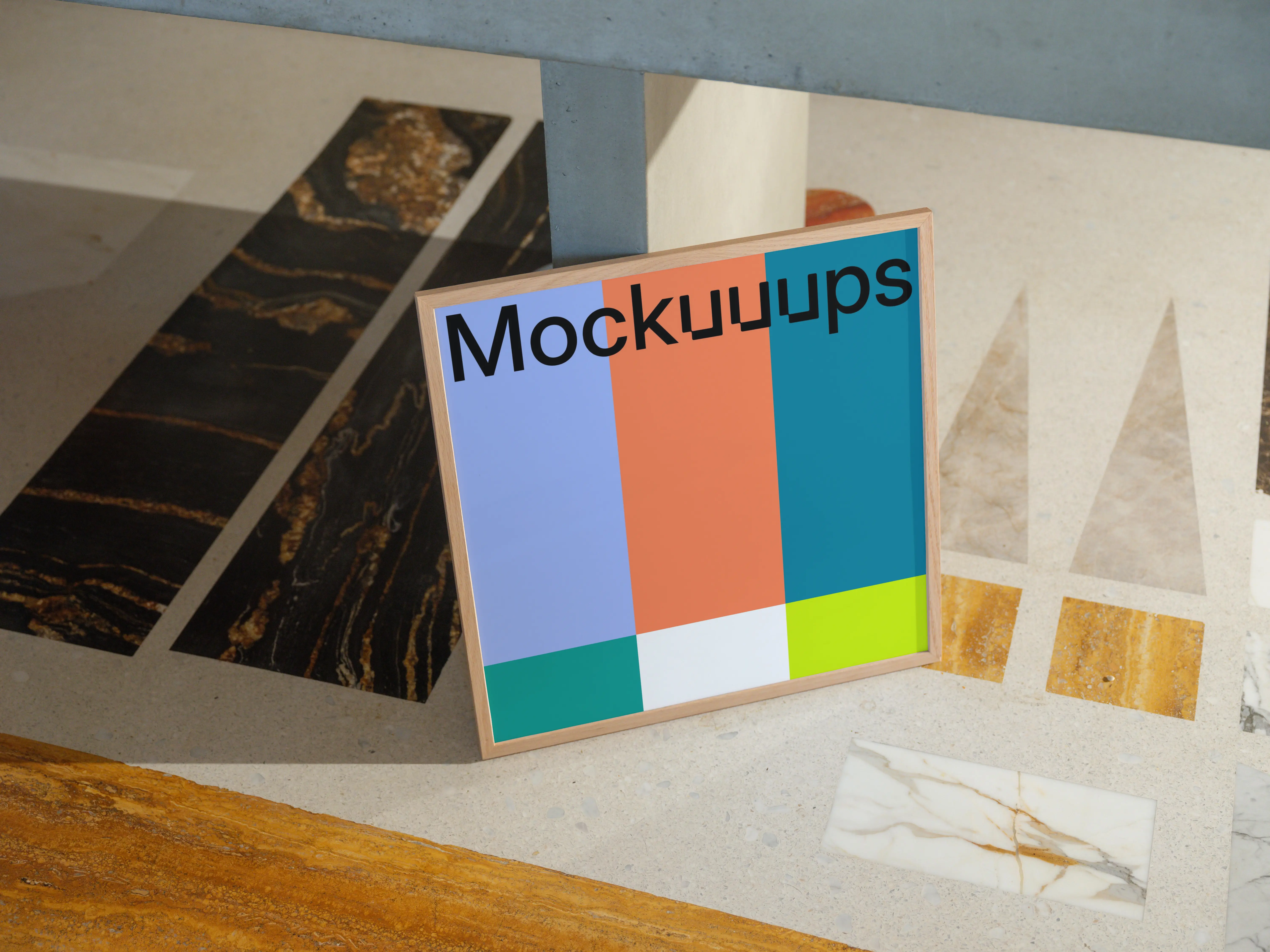 Square mockup of a wooden frame device on a geometric surface