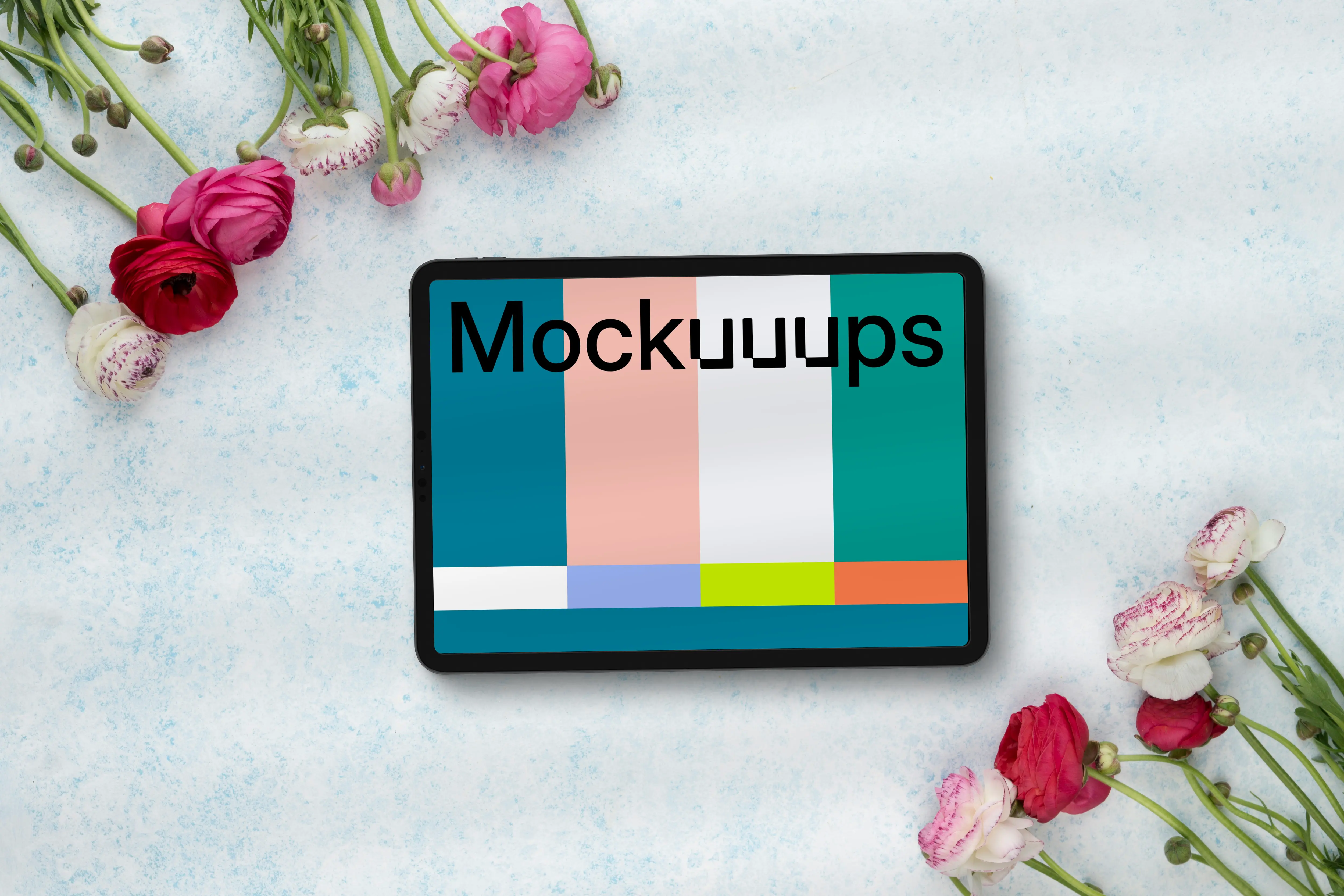 Tablet mockup surrounded by flowers