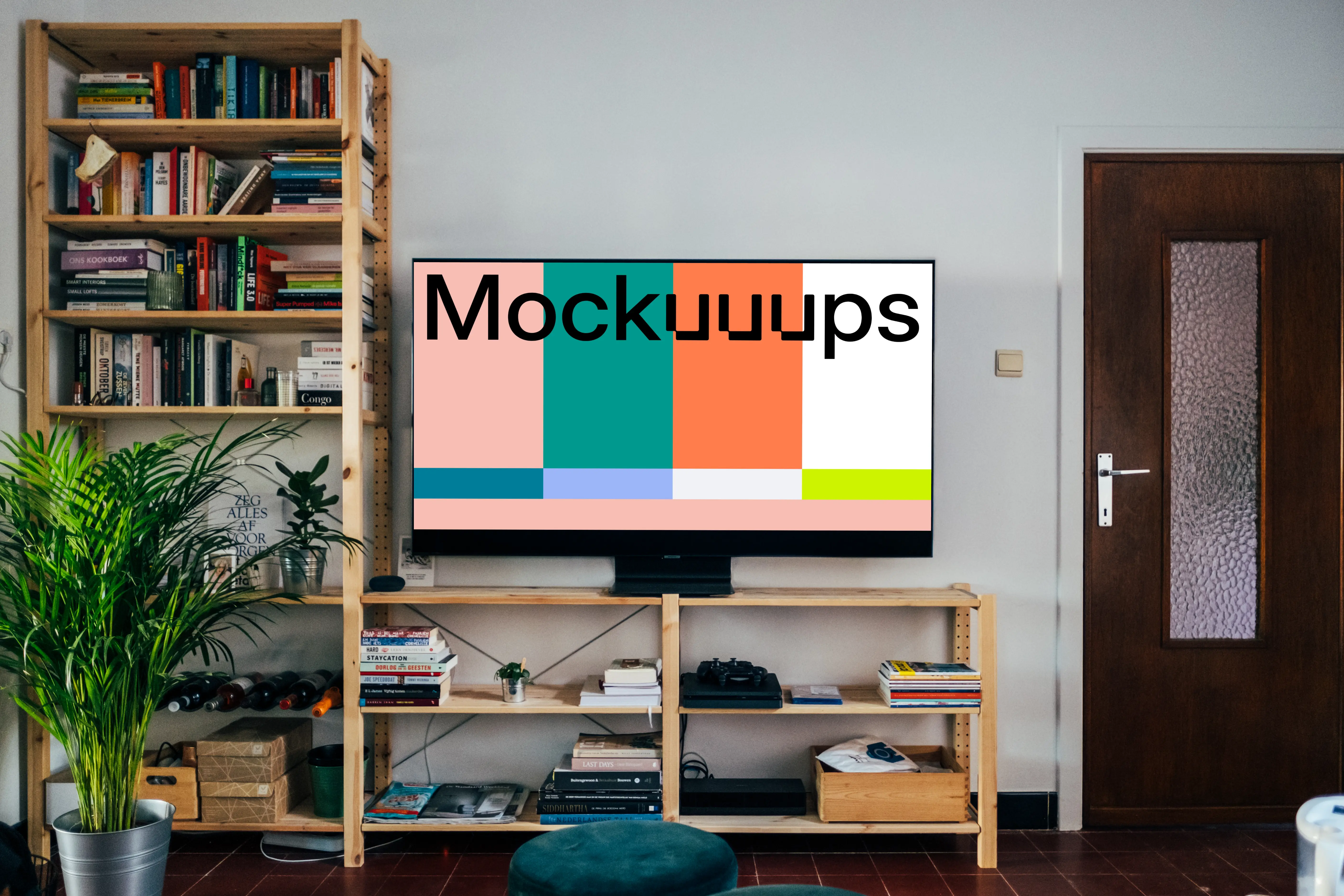 Television mockup on a wooden table stand