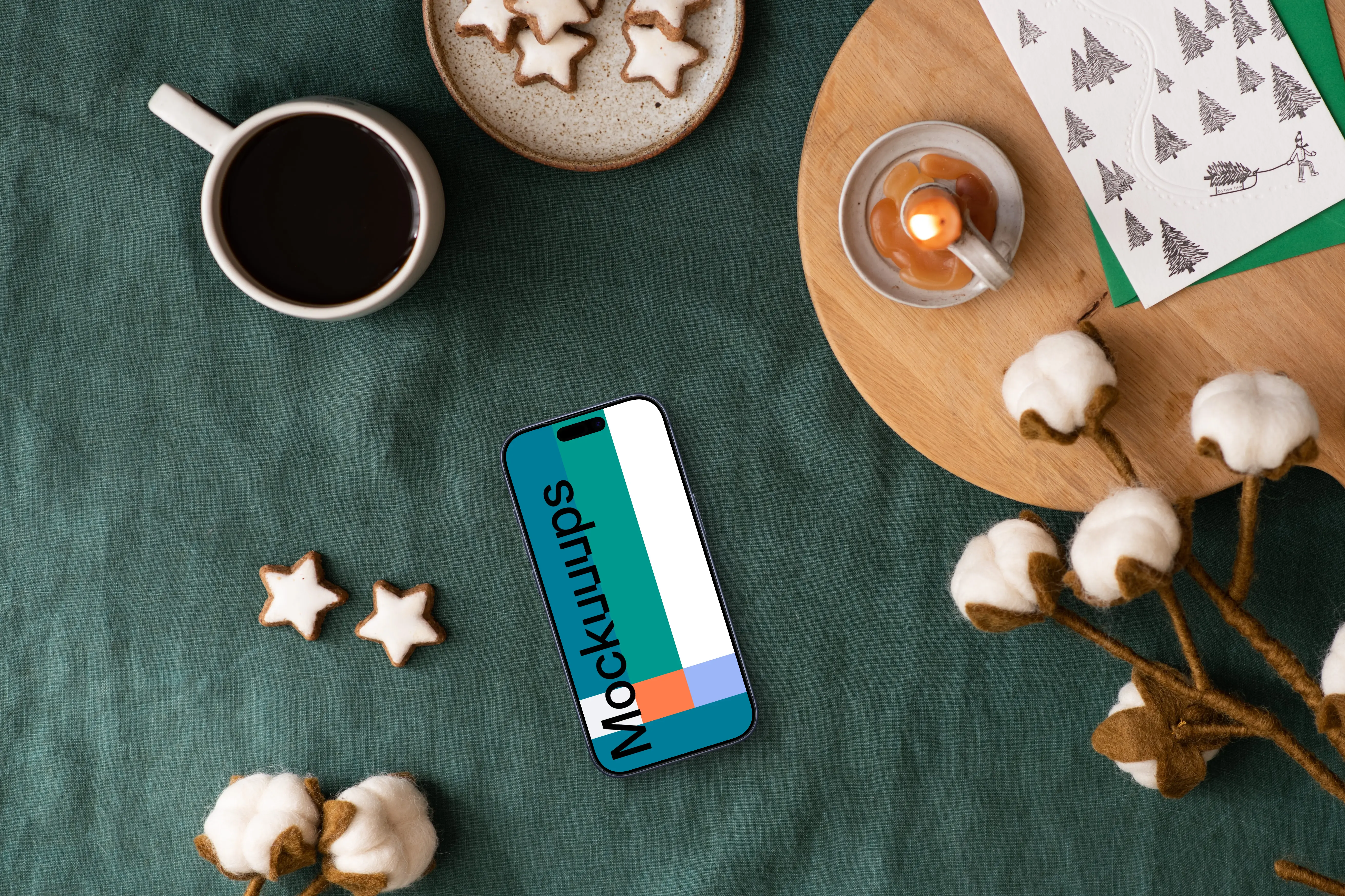 Top view of christmas table with smartphone