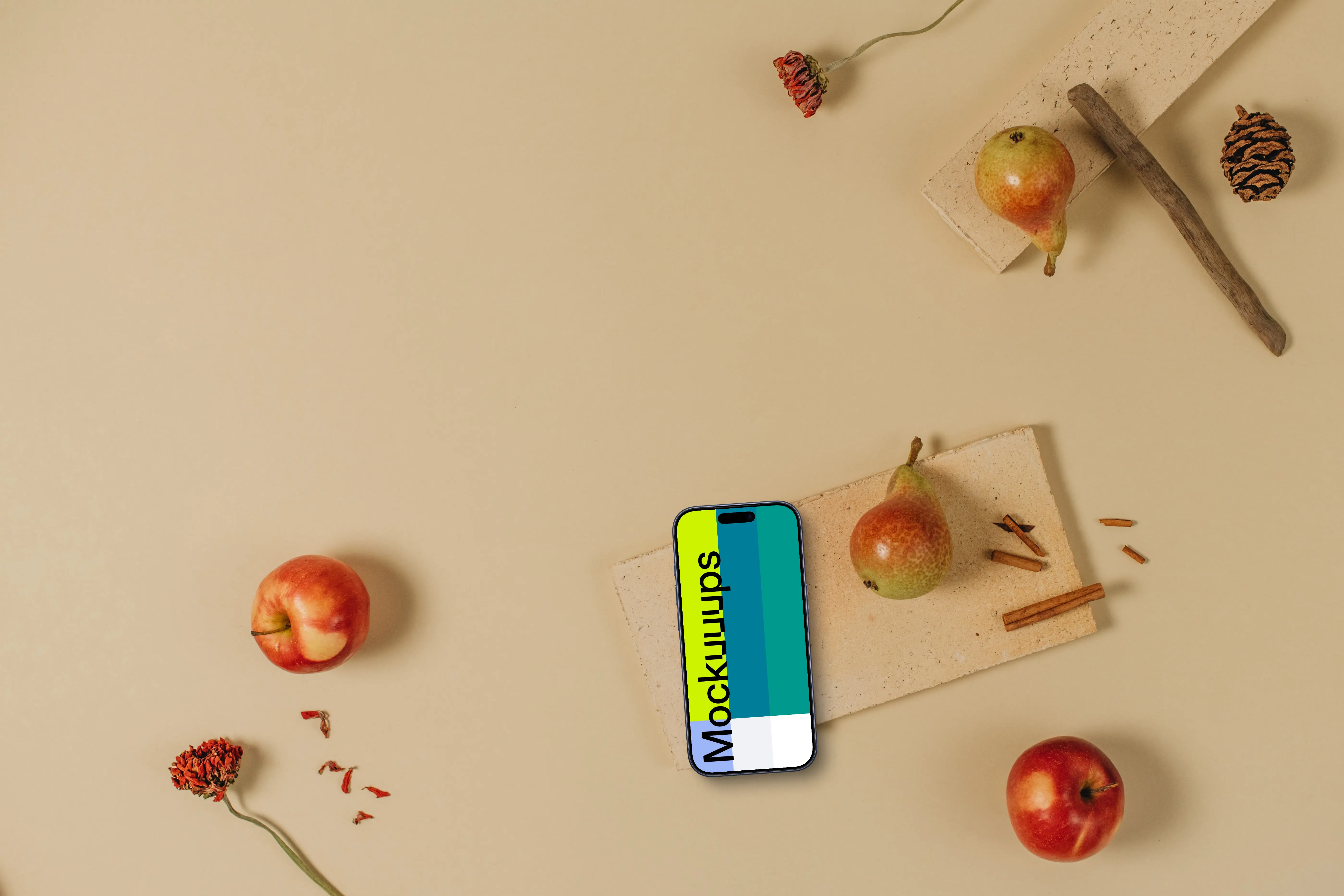 Top view of phone mockup with apples around