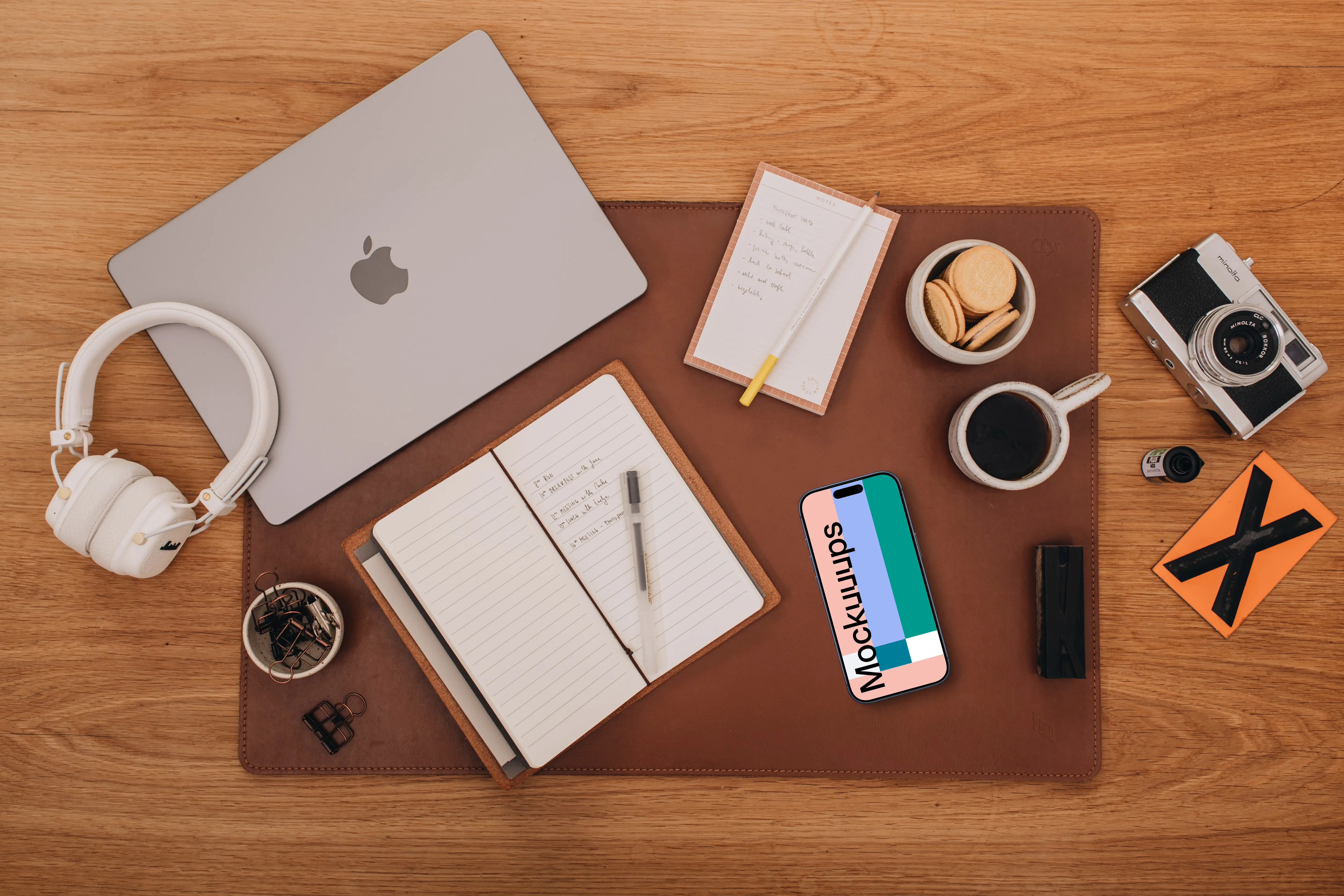 Top view of phone mockup with office theme