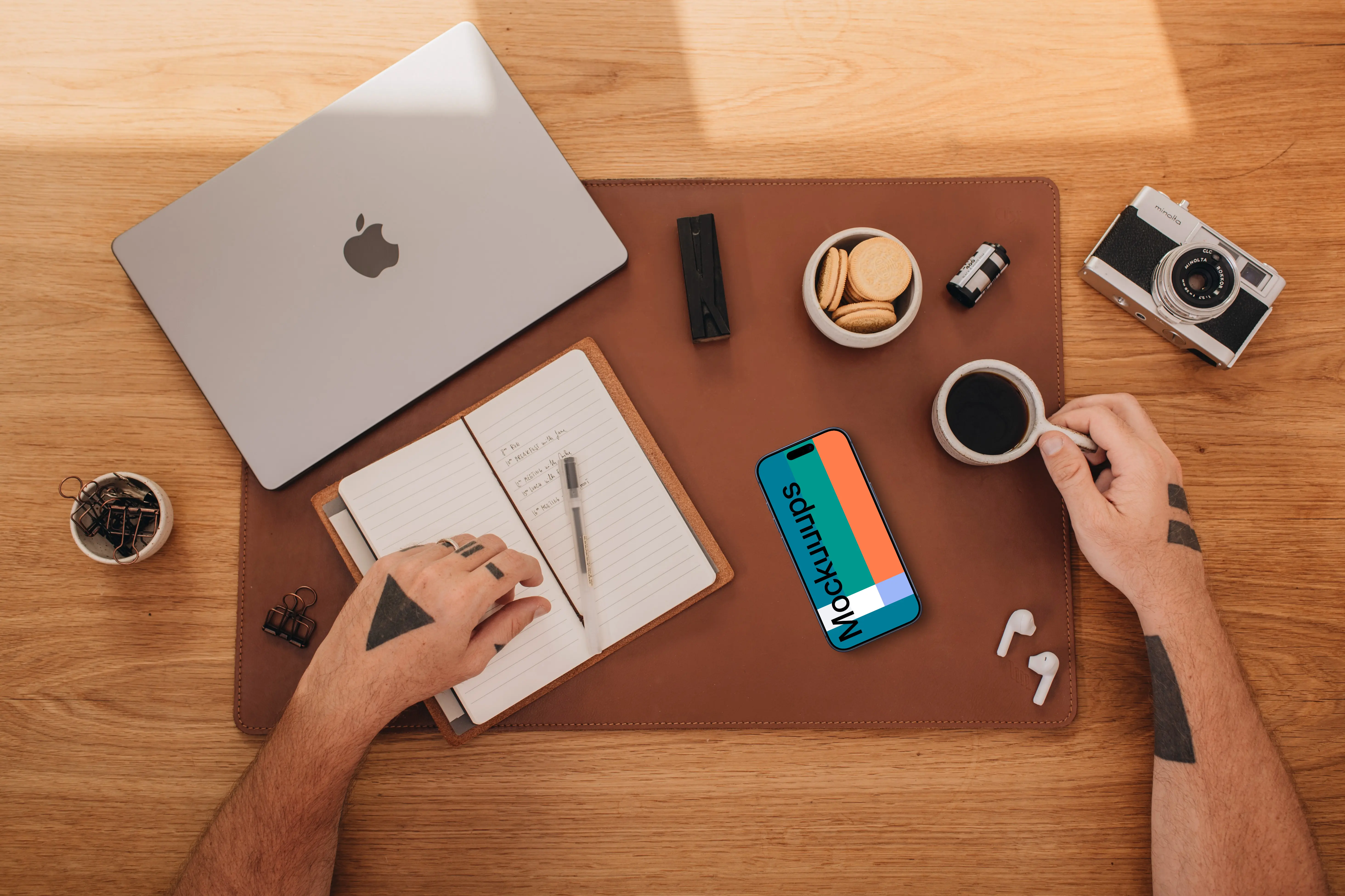 Top view of smartphone mockup at home office setup