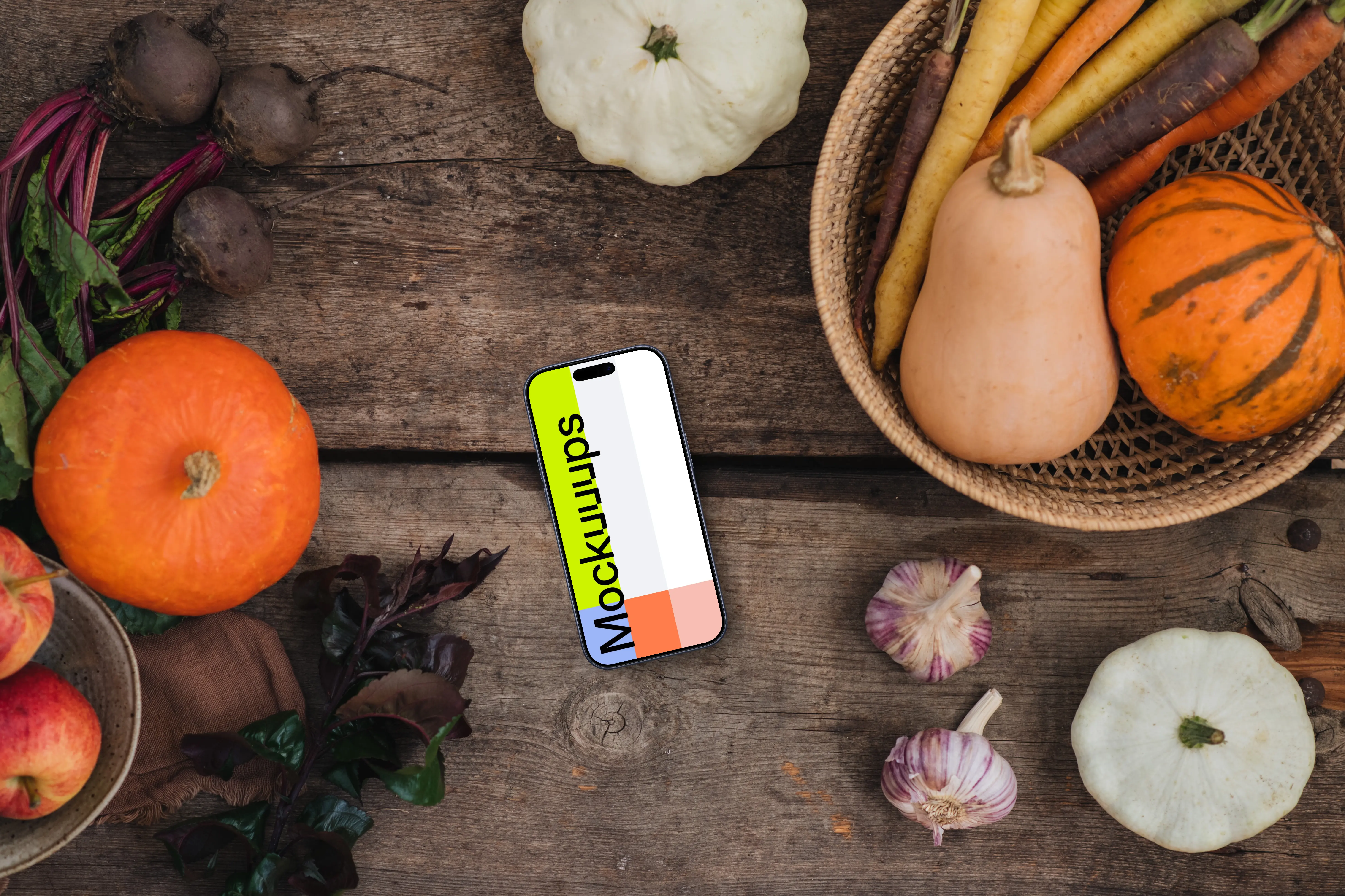 Top view of smartphone mockup on the kitchen desk