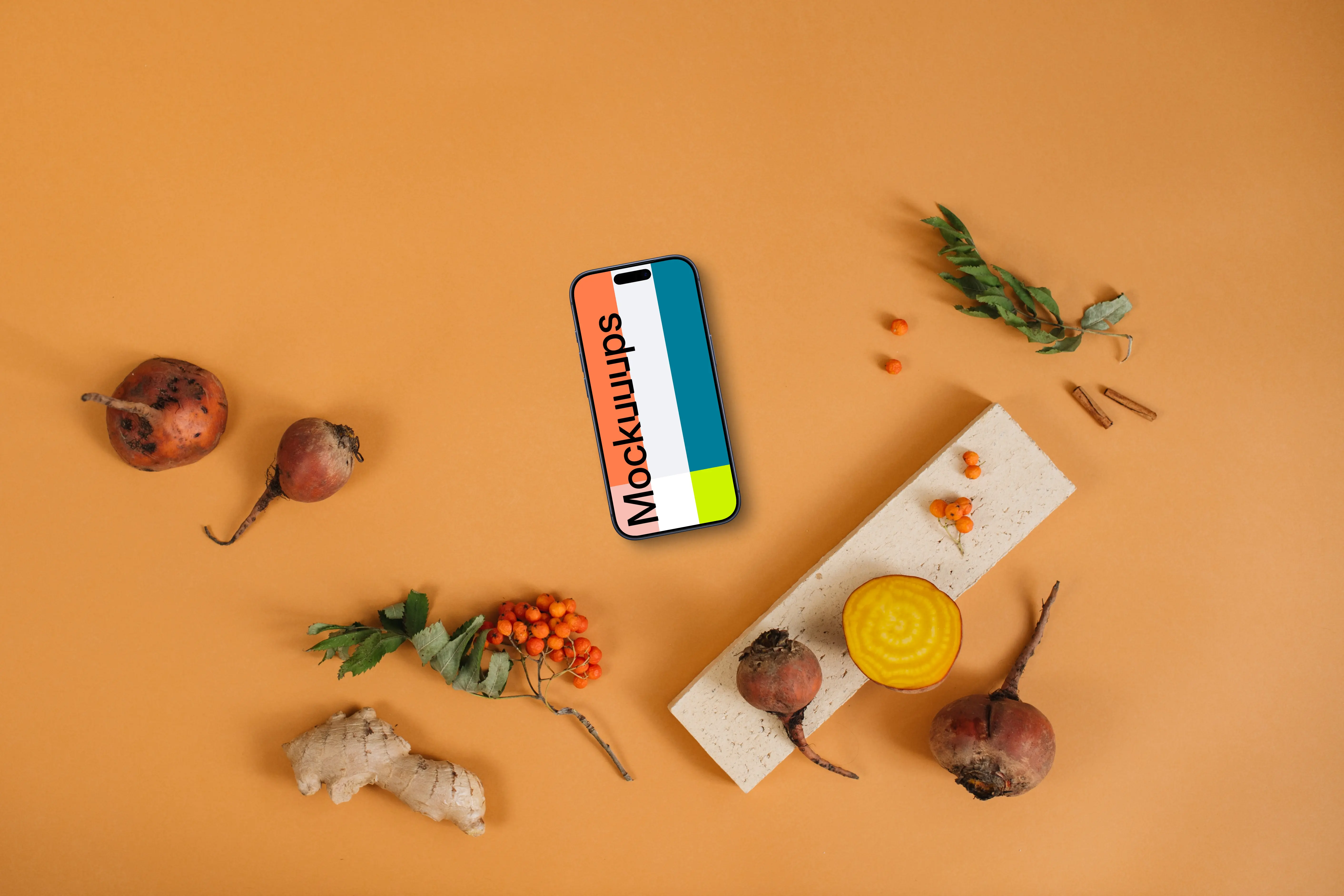 Top view of smartphone mockup on the orange background