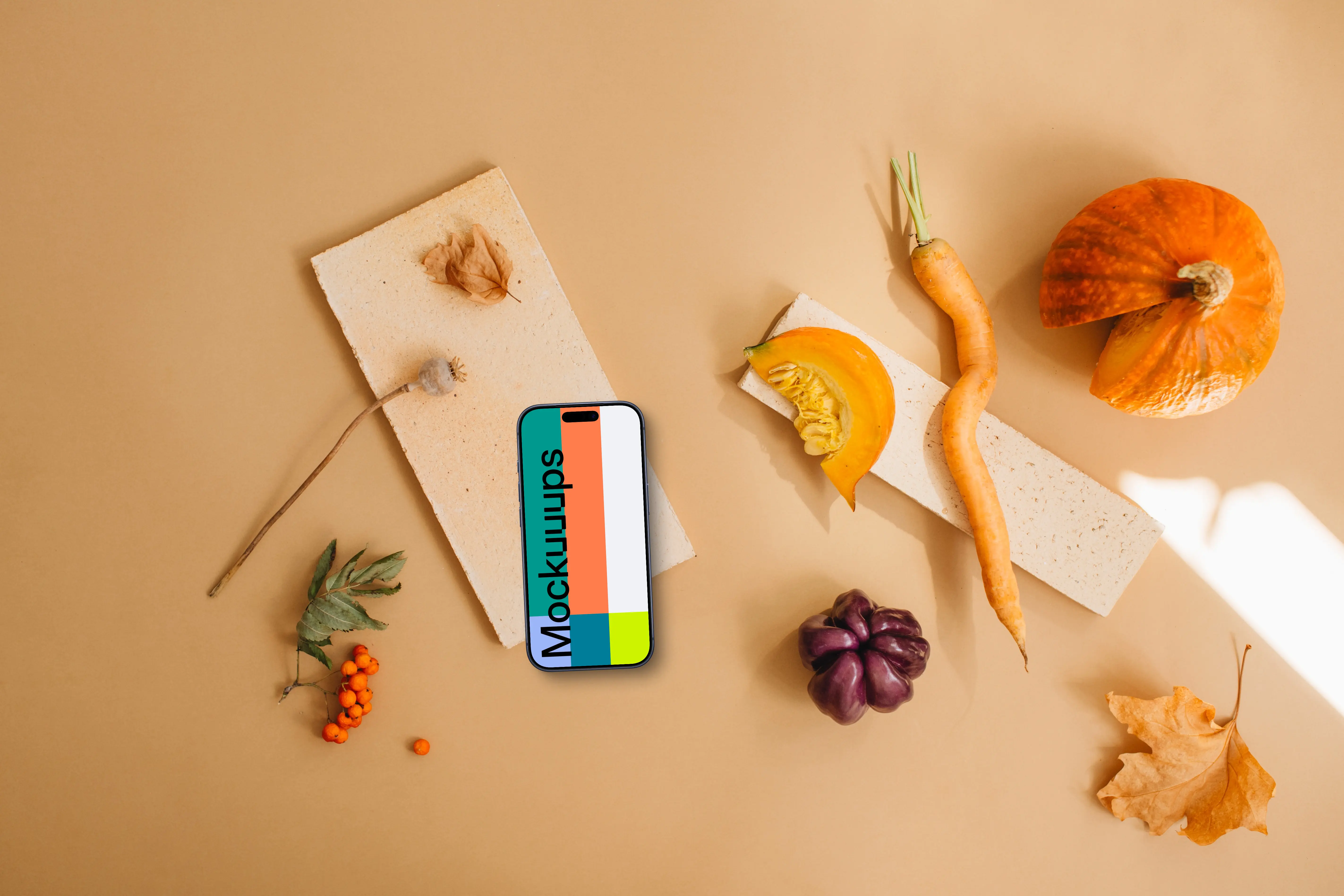 Top view of smartphone mockup surrounded by vegetables