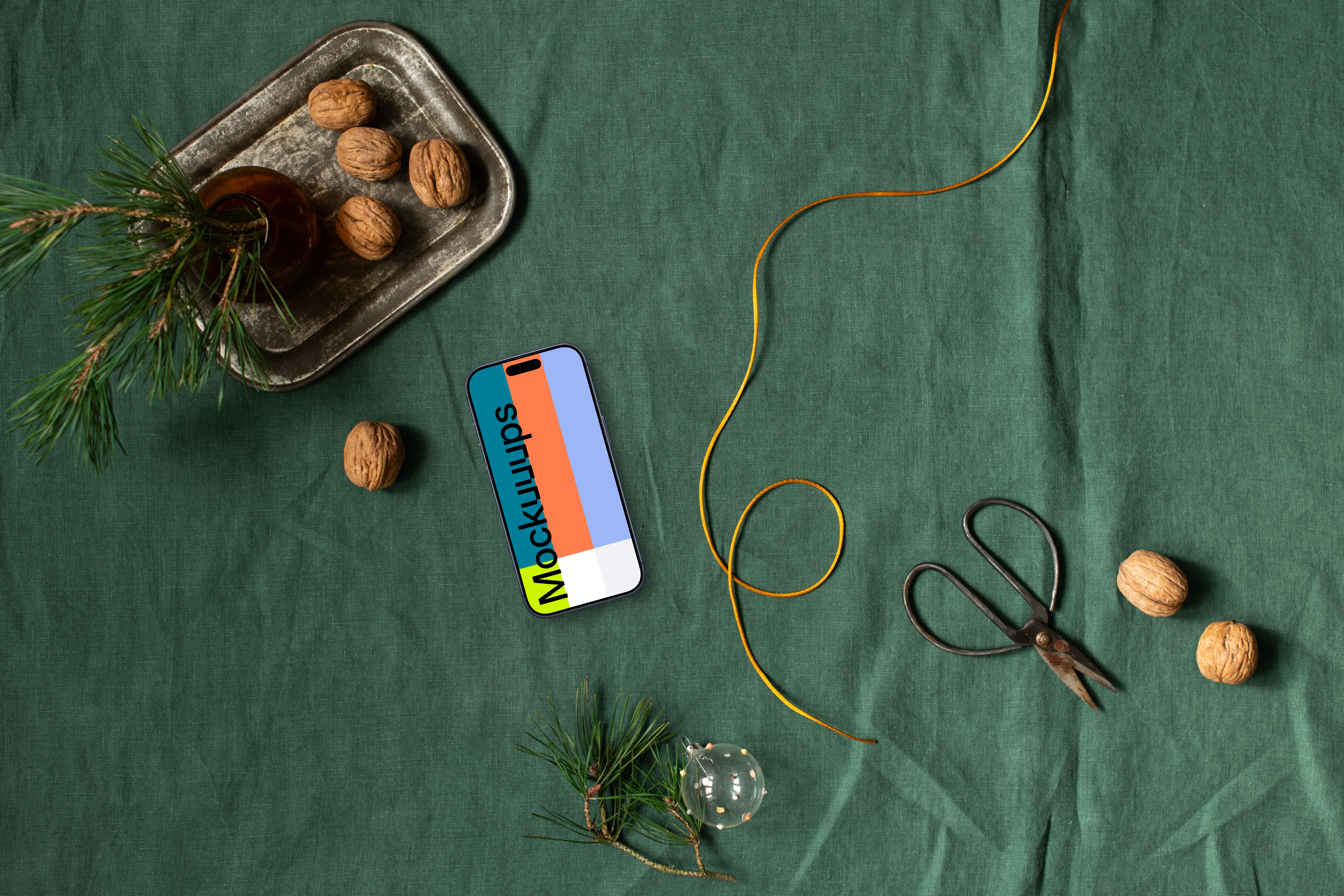 Top view of smartphone mockup with christmas design