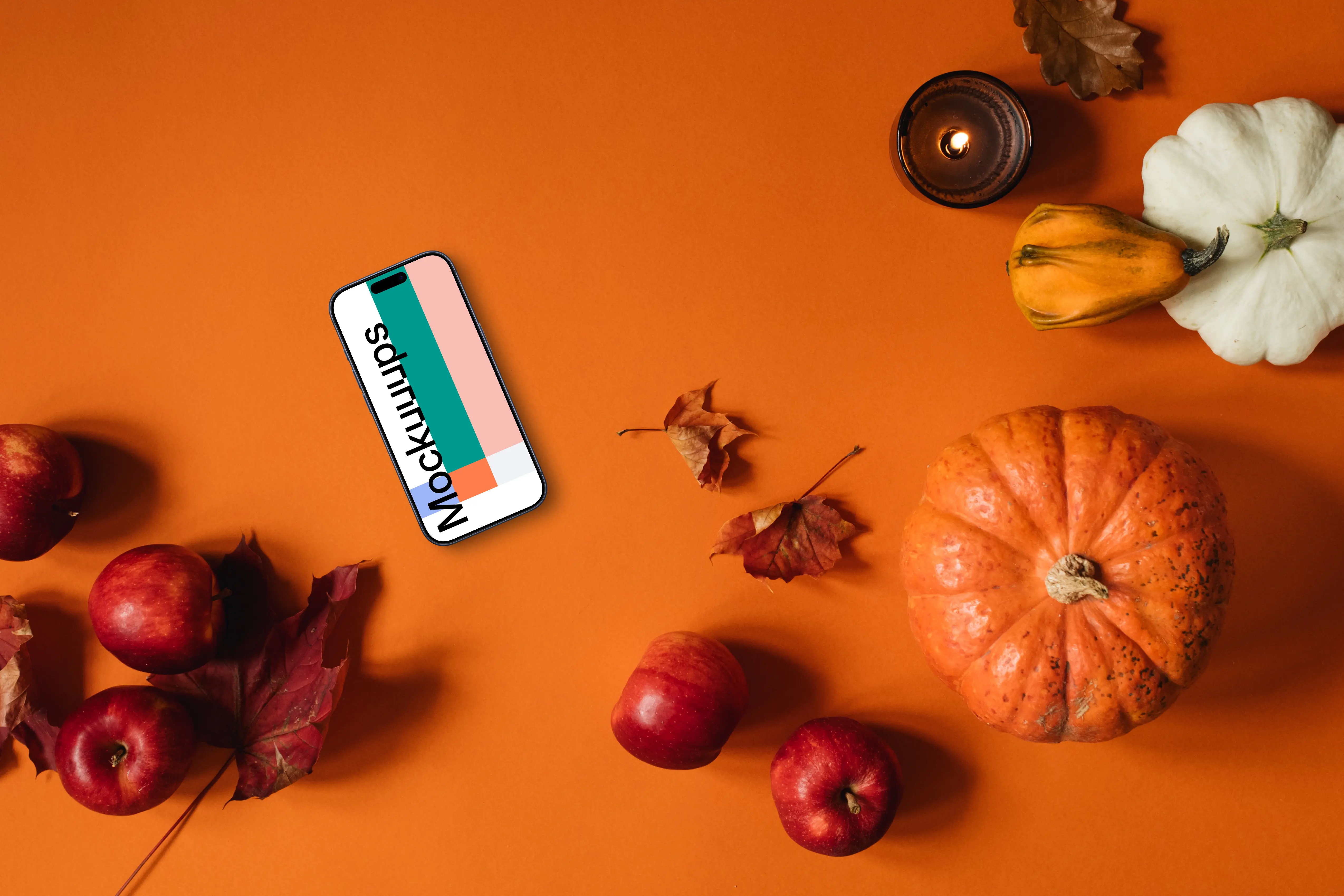 Top view of smartphone mockup with halloween decorations